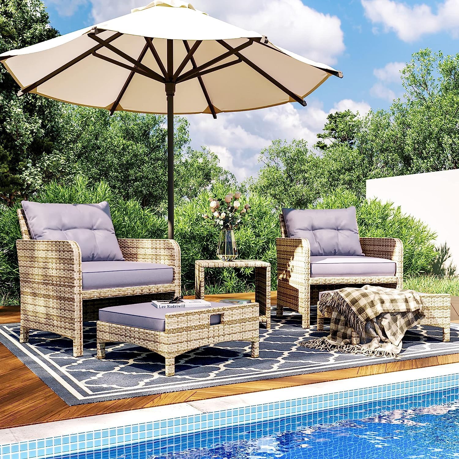 Pamapic 5 Pieces Wicker Patio Furniture Set Outdoor Patio Chairs with Ottomans Conversation Furniture with coffetable for Poolside Garden Balcony(Purple Cushion + Grey Ratten)