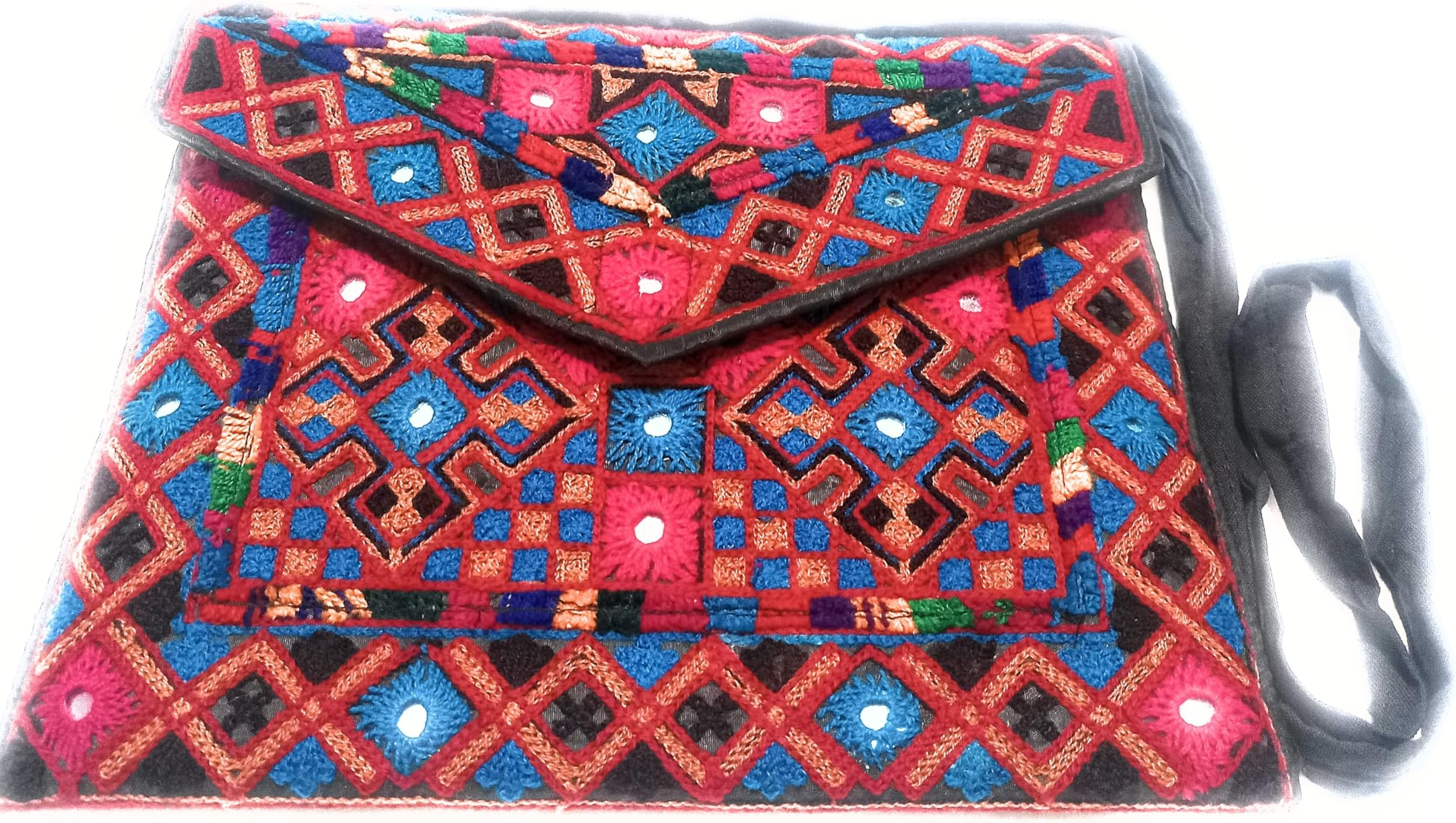 Handcrafted Pakistani Clutch Bag with Shoulder Strap, Mirror Embellishments, Geometric Embroidery, Black and Multicolour