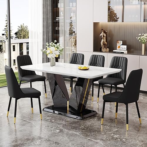 Sillas de Comedor Modernas 6 - Juego de mesa de comedor de mármol para 6, 7 piezas, color blanco, juego de mesa de cocina de mármol de 63 pulgadas