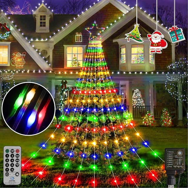 Hezbjiti Christmas Lights Outdoor, 352 LEDs Waterfall Fairy Lights with Topper Star, Christmas Tree Lights 8 Lighting Modes & IP65 Waterproof for Garden Yard Party Christmas Decorations (Multicolour)