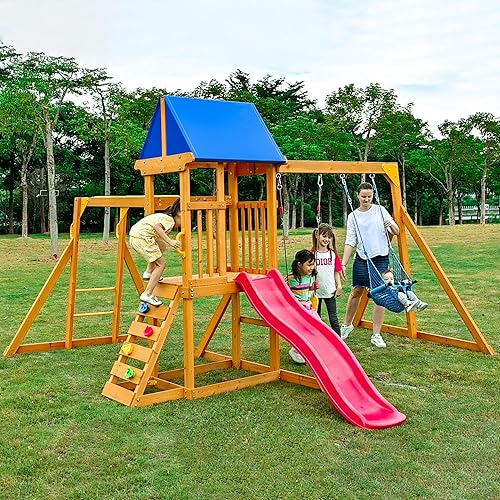 Juego de madera con tobogán ondulado, juego de parque infantil con barras de mono para niños, juego al aire libre con columpio para niños pequeños,
