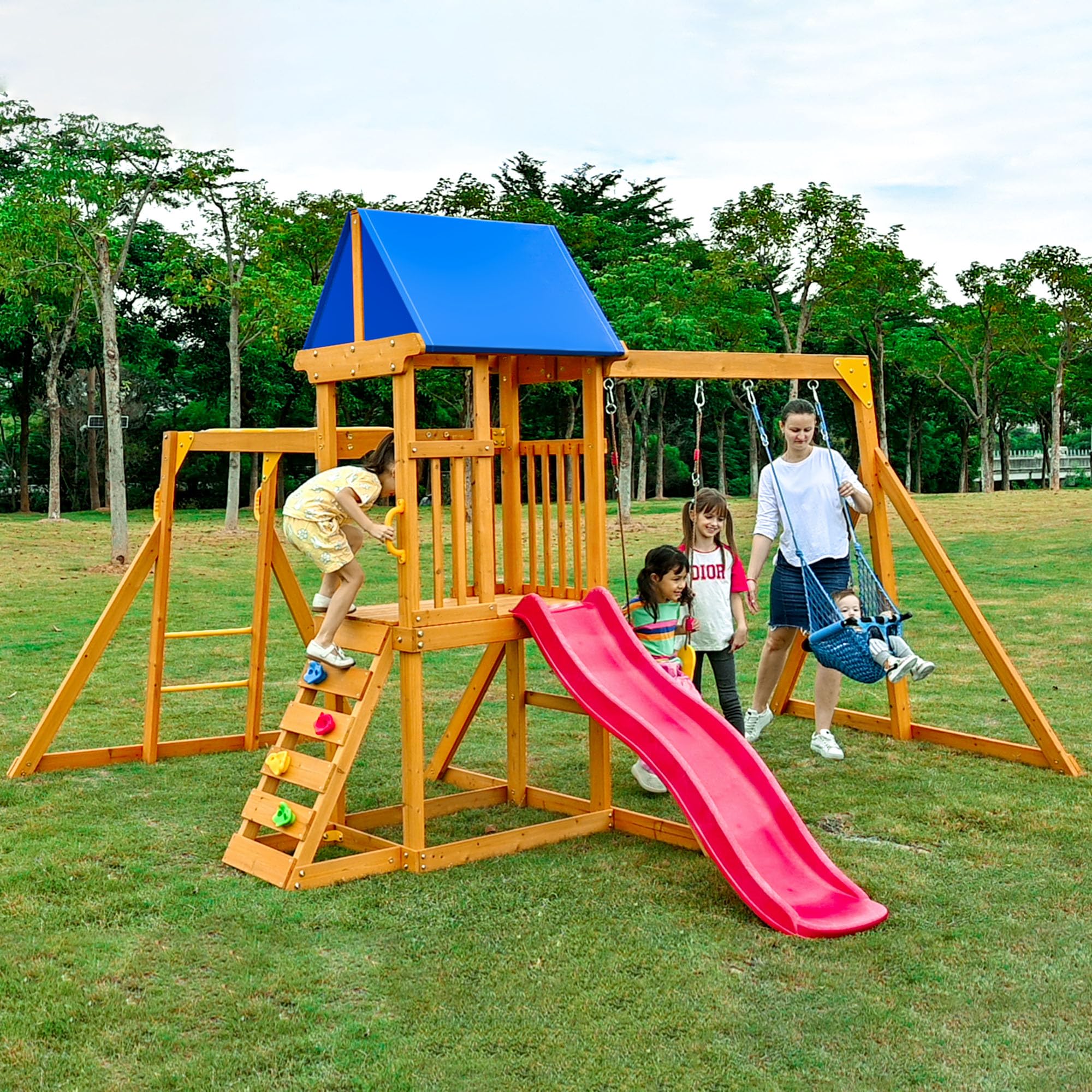 Wooden Playset with Wave Slide, Playground Set with Monkey Bars for Kids, Outdoor playset with Toddler Swing, Backyard Swingset with Play Deck for Ages 3-6, Blue