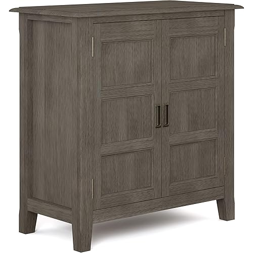 SIMPLIHOME Burlington SOLID WOOD 30 inch Wide Transitional Low Storage Cabinet in Farmhouse Grey, with 2 Doors, 2 Adjustable Shelves