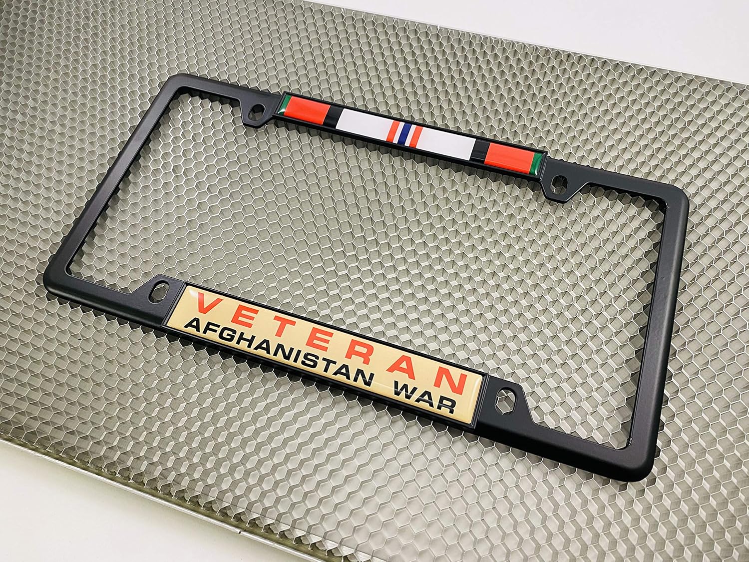 Afghanistan War Veteran - Domed Custom-Made Personalized Narrow (Thin) Top 4 Hole Metal Car License Plate Frame with Free caps - Black (Quantity: 1 Frame)