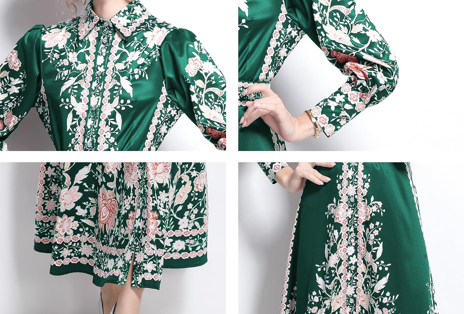 LAI MENG FIVE CATS Women's Vintage Floral Print Belt Maxi Dress Flowy Casual Button Up Split Long Dress - Image 4