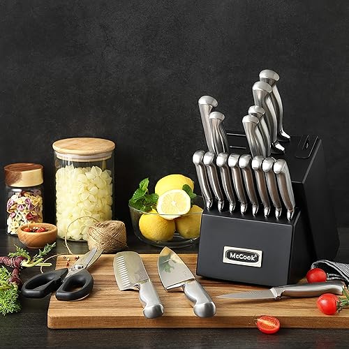 Miniatura 53 de McCook - Juego de cuchillos MC21, juego de bloques de 15 cuchillos de acero inoxidable alemán con afilador incorporado PlataNegro