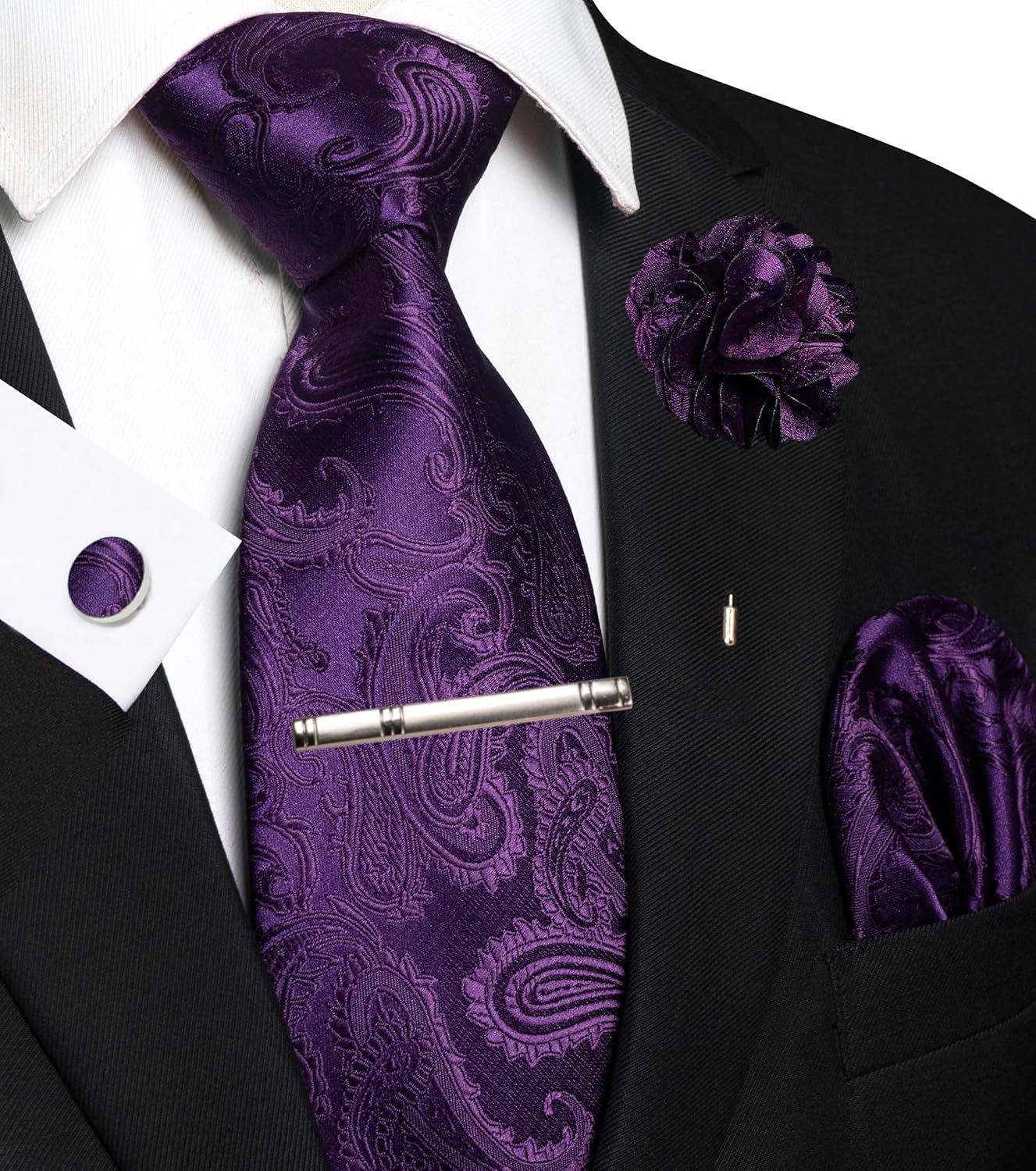 JEMYGINS Mens Paisley Tie and Pocket Square,Lapel Pin,Cufflinks,Tie Clip Sets with Gift Box 5PCS - Image 2