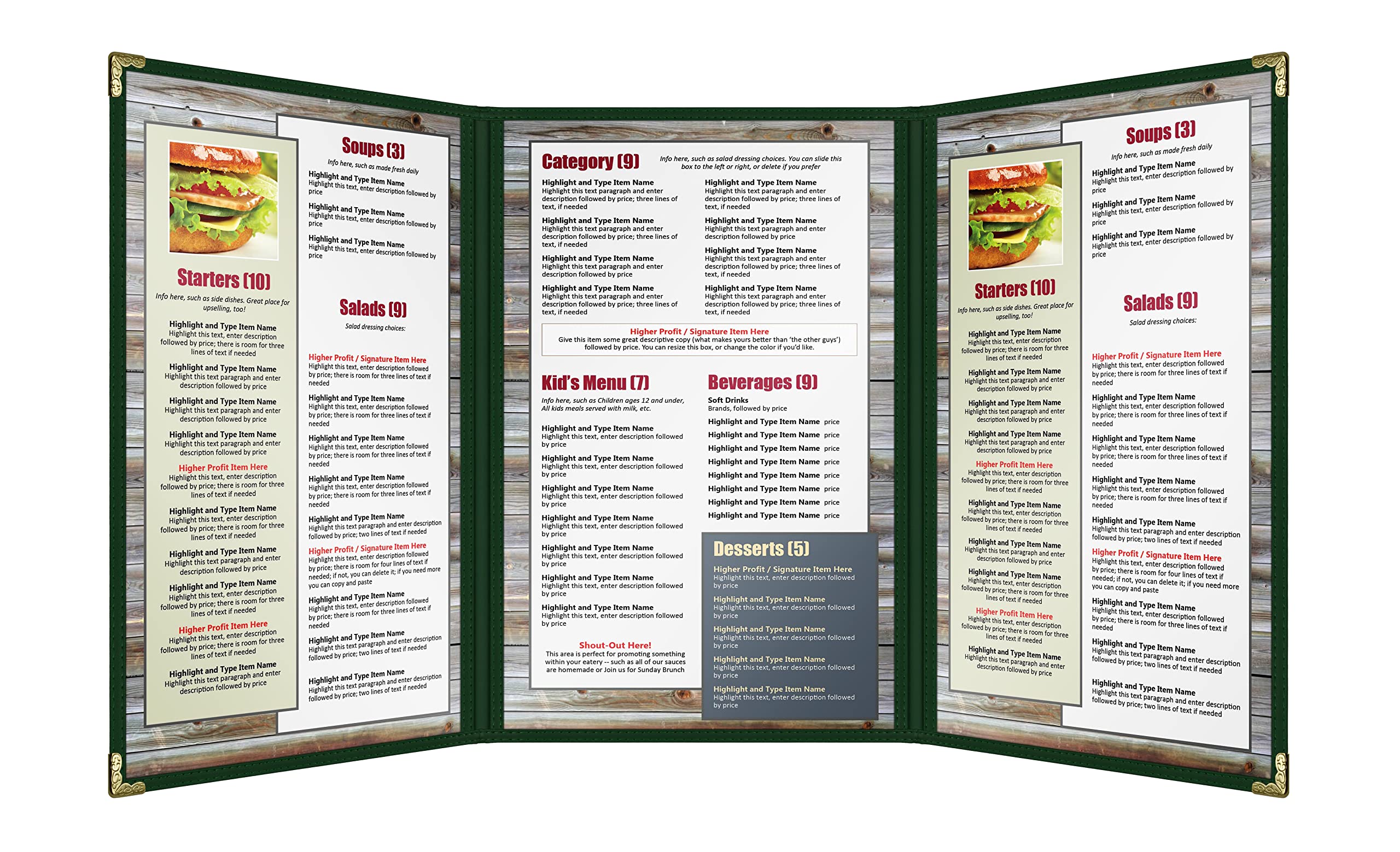 Goodsmart Restaurant Menu Covers – 25 Pack Green 6-View Trifold 8.5