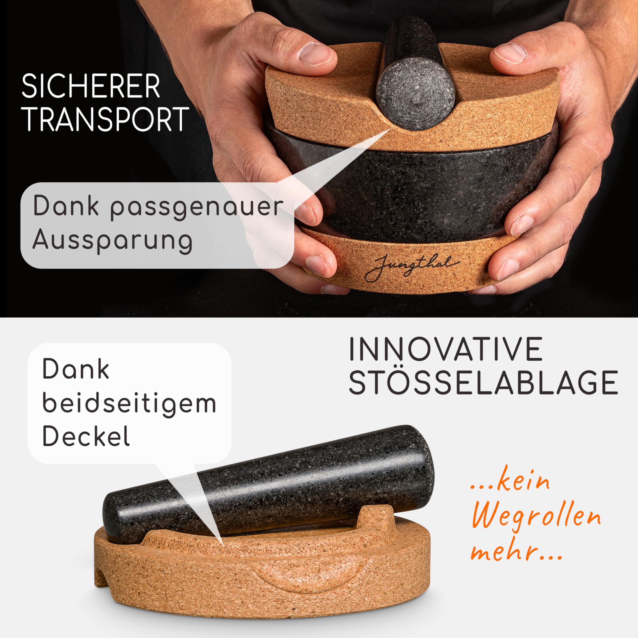 Mörser mit Stößel im Set | Granit + Kork in prämiertem Design | Natürlich, edel und 100% rutschfest | Ø 16 cm groß | Steinmörser für Kräuter und Gewürze | Mortar & Pestle