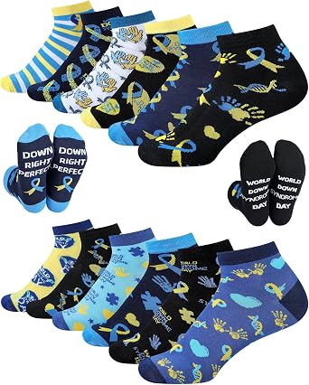 12 Pairs Down Syndrome Awareness Ankle Socks World Down Syndrome Day Blue Yellow Ribbon Trisomy 21 Rock Your Socks Gifts for Unisex Women Men Charity Events