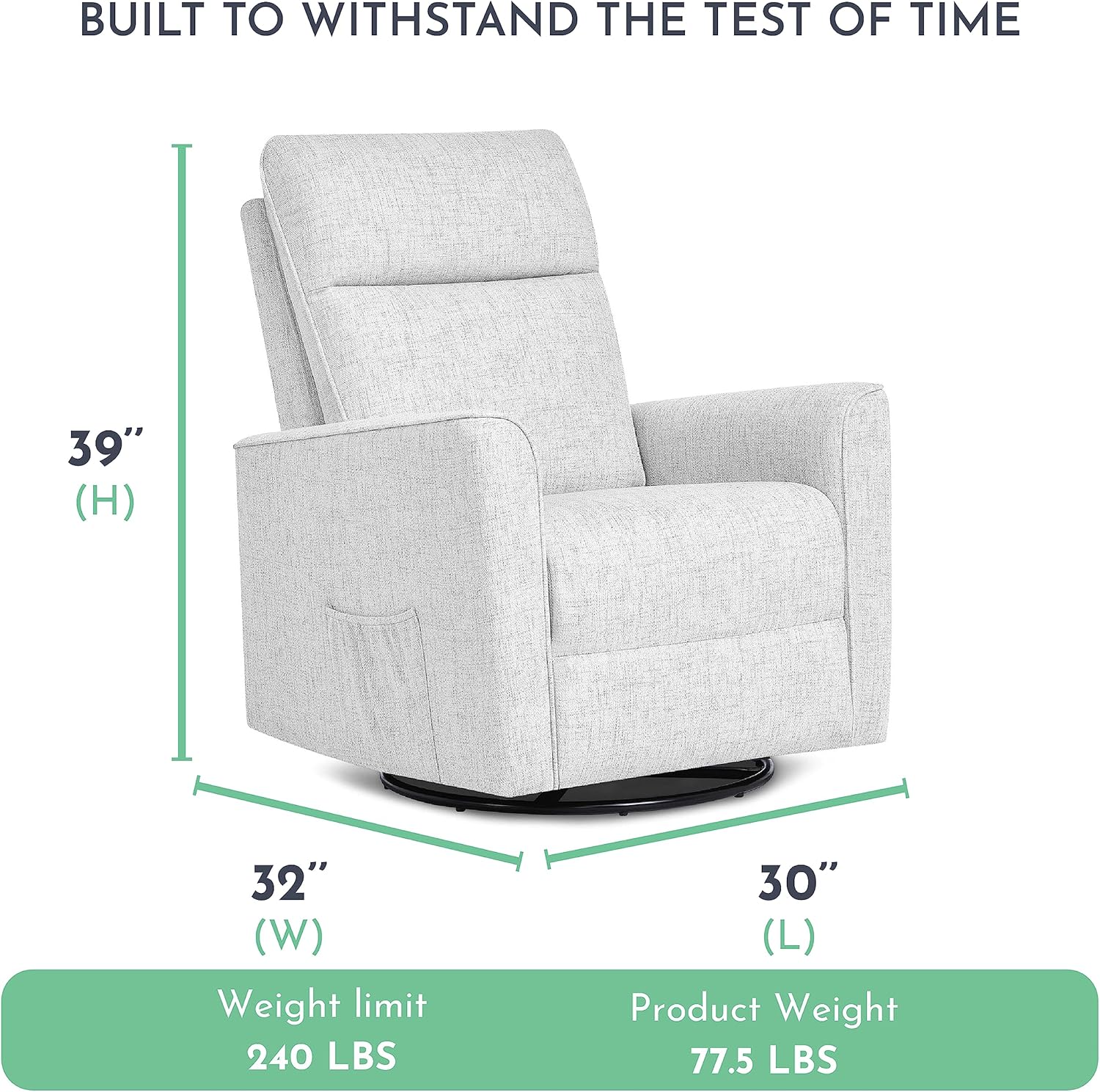 Evolur Aria Upholstered Plush Seating Glider Swivel with Ottoman in Fog Grey, Greenguard Gold Certified Modern Nursery Chair with Side Pockets, Tool-Free Assembly, Easy to Clean
