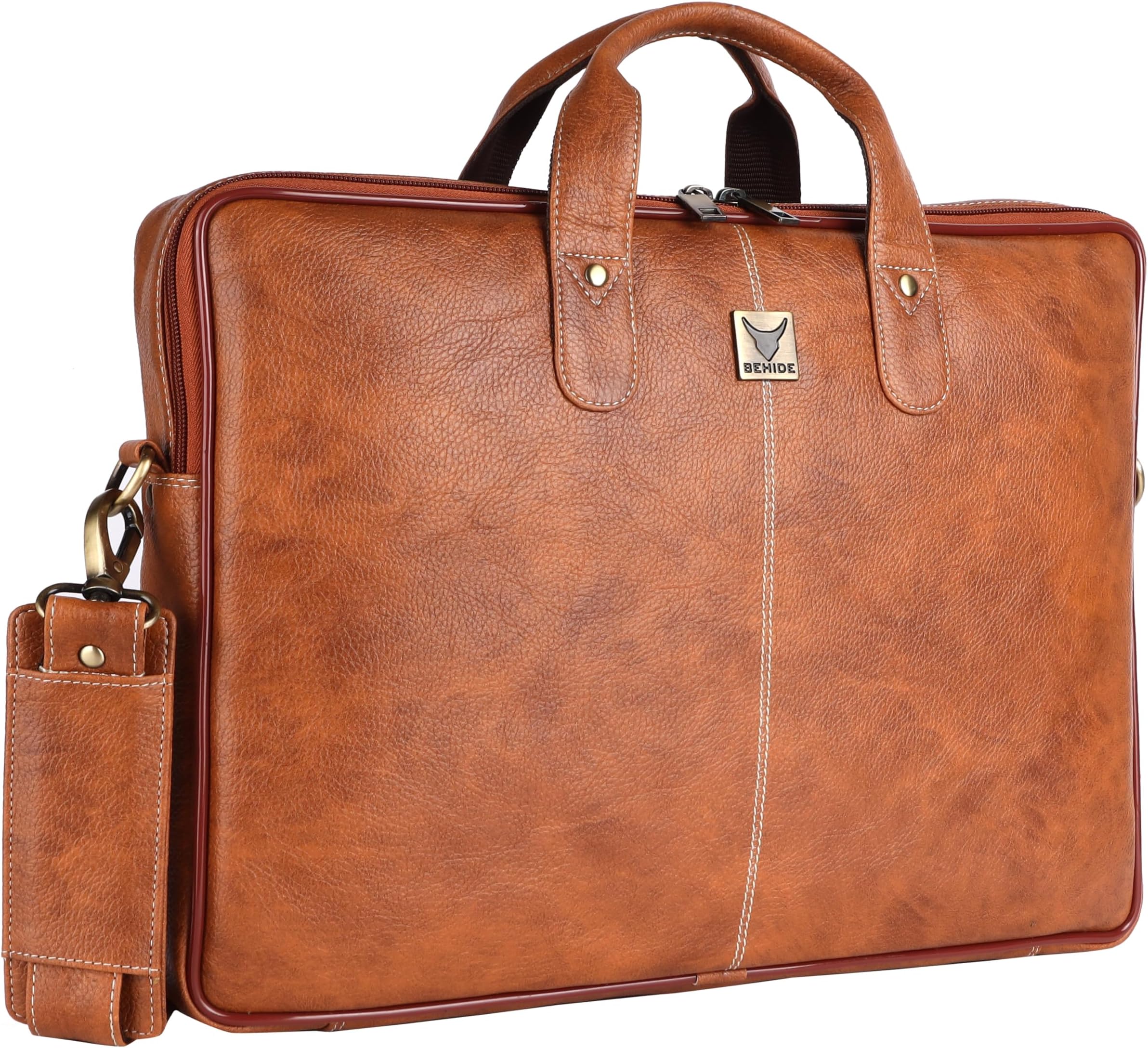 BEHIDEHeritage Holdal 15.6 Inch Vegan Leather Laptop Messenger Bag - Stylish Office Shoulder and Handbag for Men and Women (Tan) - Padded Compartment | 1-Year Warranty (Tan)