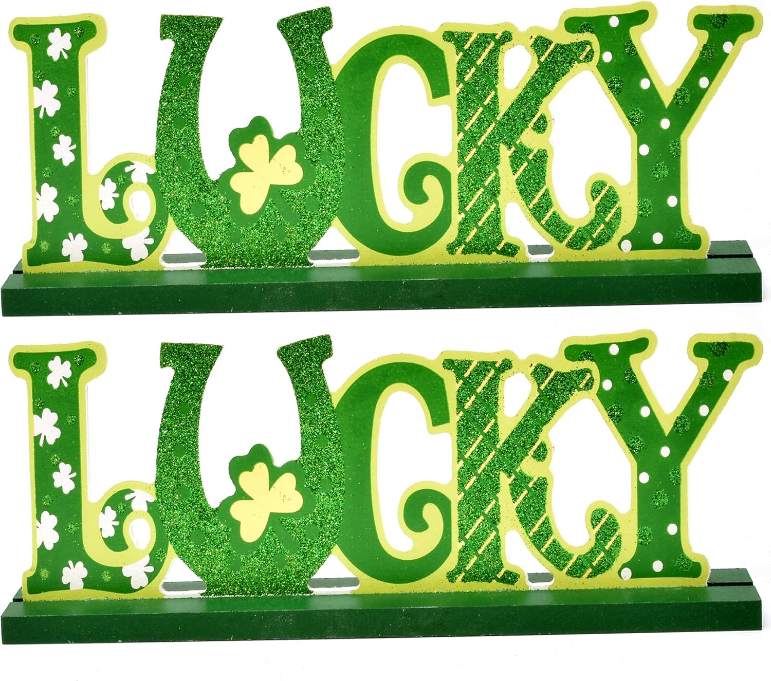 Gift Boutique 4 St Patrick's Day Wooden Decorations for Table Topper Decor Glitter Shamrock Lucky and Irish Wood Home Figurines Saint Patrick Centerpiece for Office Desk Shelf Mantle Party Tabletop