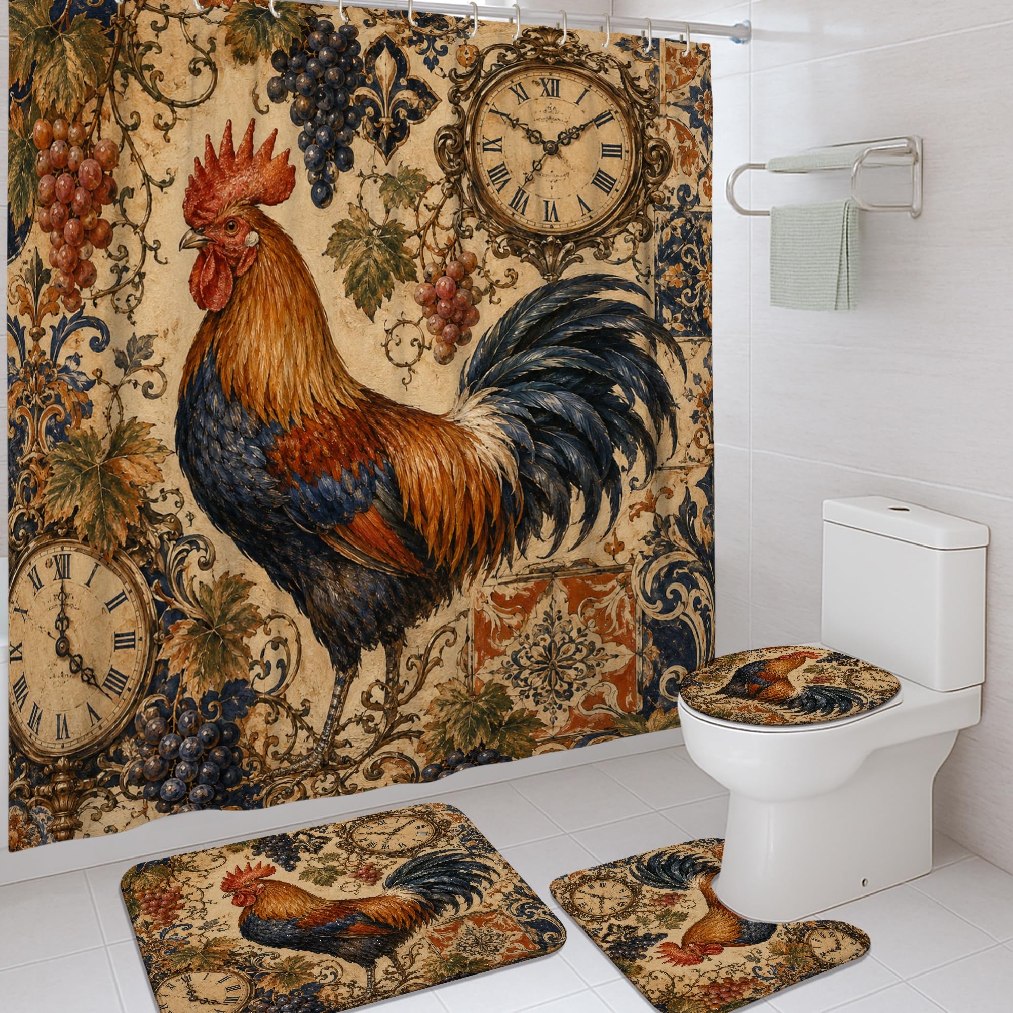 Ensemble rideau de douche vintage rouge automne et tapis au motif rustique