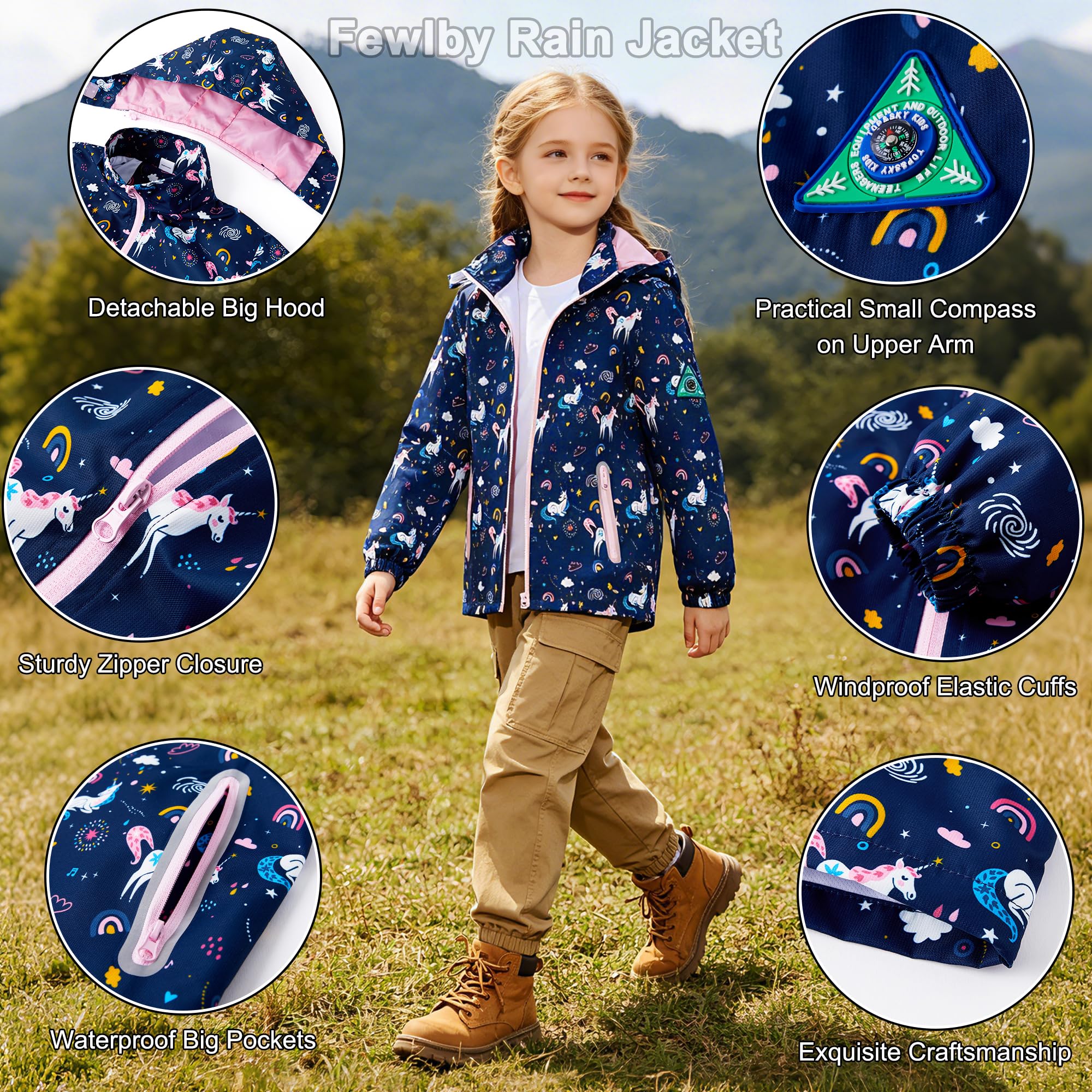 Fewlby Niñas Chaqueta Impermeable, Abrigo de Lluvia Chubasquero Infantil Poncho con Capucha Cortavientos Ligera Abrigo Prueba de Viento Primavera Otoño Abrigos Deportivos 2-10 Años