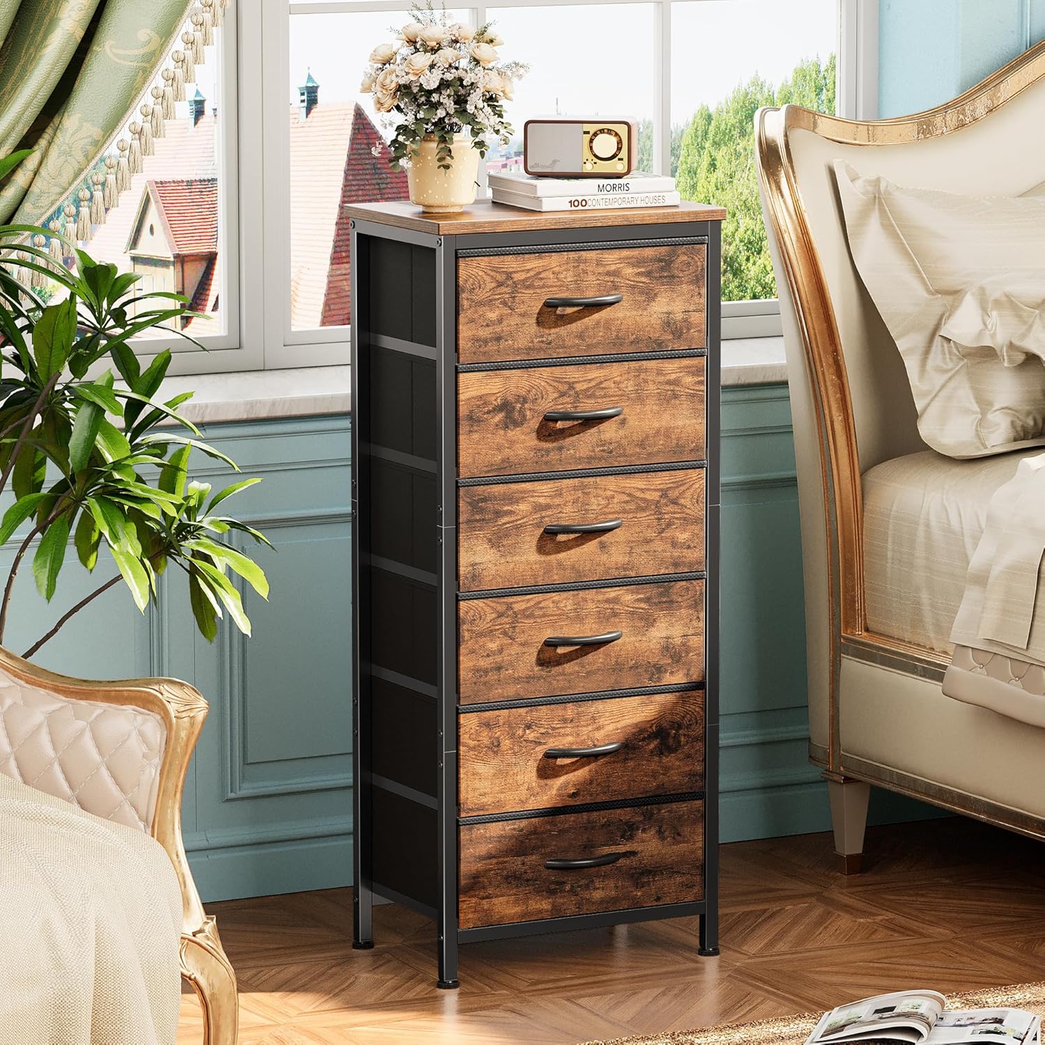 Huuger 43.3 Inch Tall Dresse for Bedroom, 6 Drawer Dresser & Chests of Drawers, Fabric Dresser for Closet, Bedroom, Night Stand, End Table with Metal Frame, Storage Tower, Rustic Brown