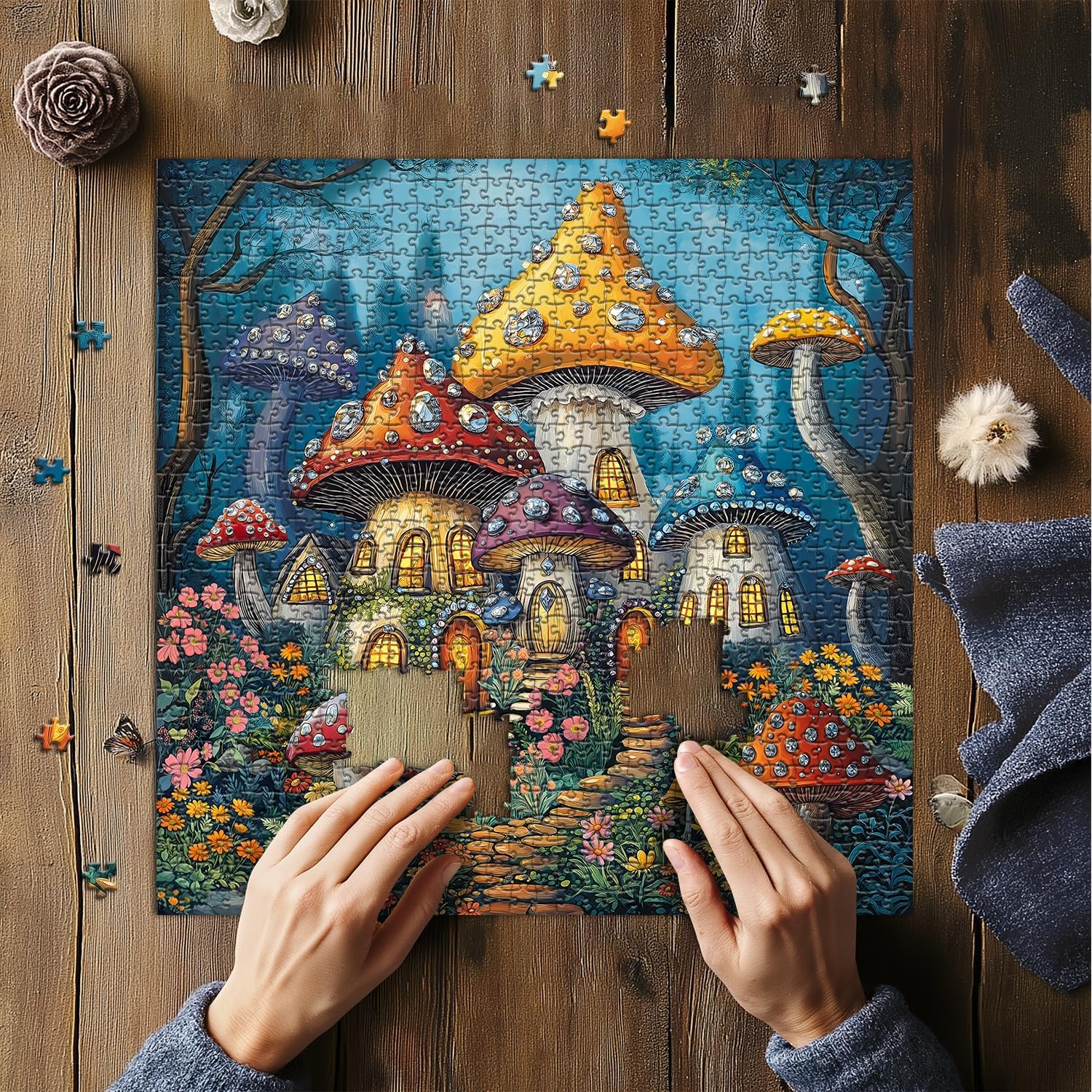 Magic Mushroom Puzzles for Adults 1000 Pieces, House Plant Flower Garden Forest Puzzle, Nature Tree Crystal Diamond Themed, Colorful Village Challenging for Adults