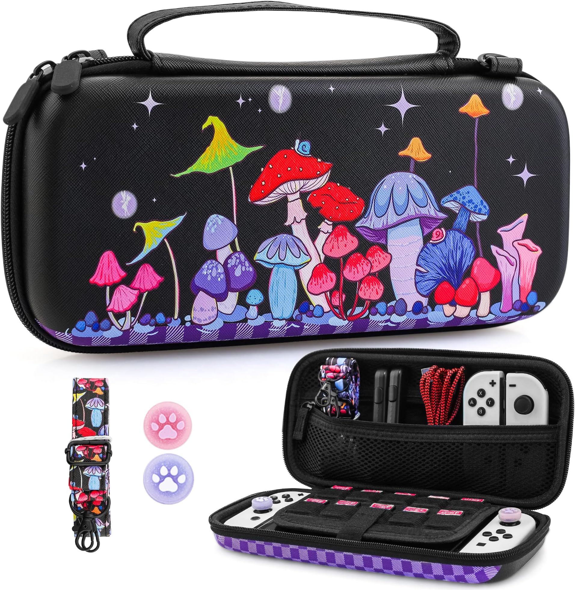 Mushroom Carrying Case for Nintendo Switch & OLED Console, Black Hard Travel Case Shell Pouch, Cute Girl Boy Storage Carry Bag with Shoulder Strap, Thumb Cap for Nintendo Switch Accessories