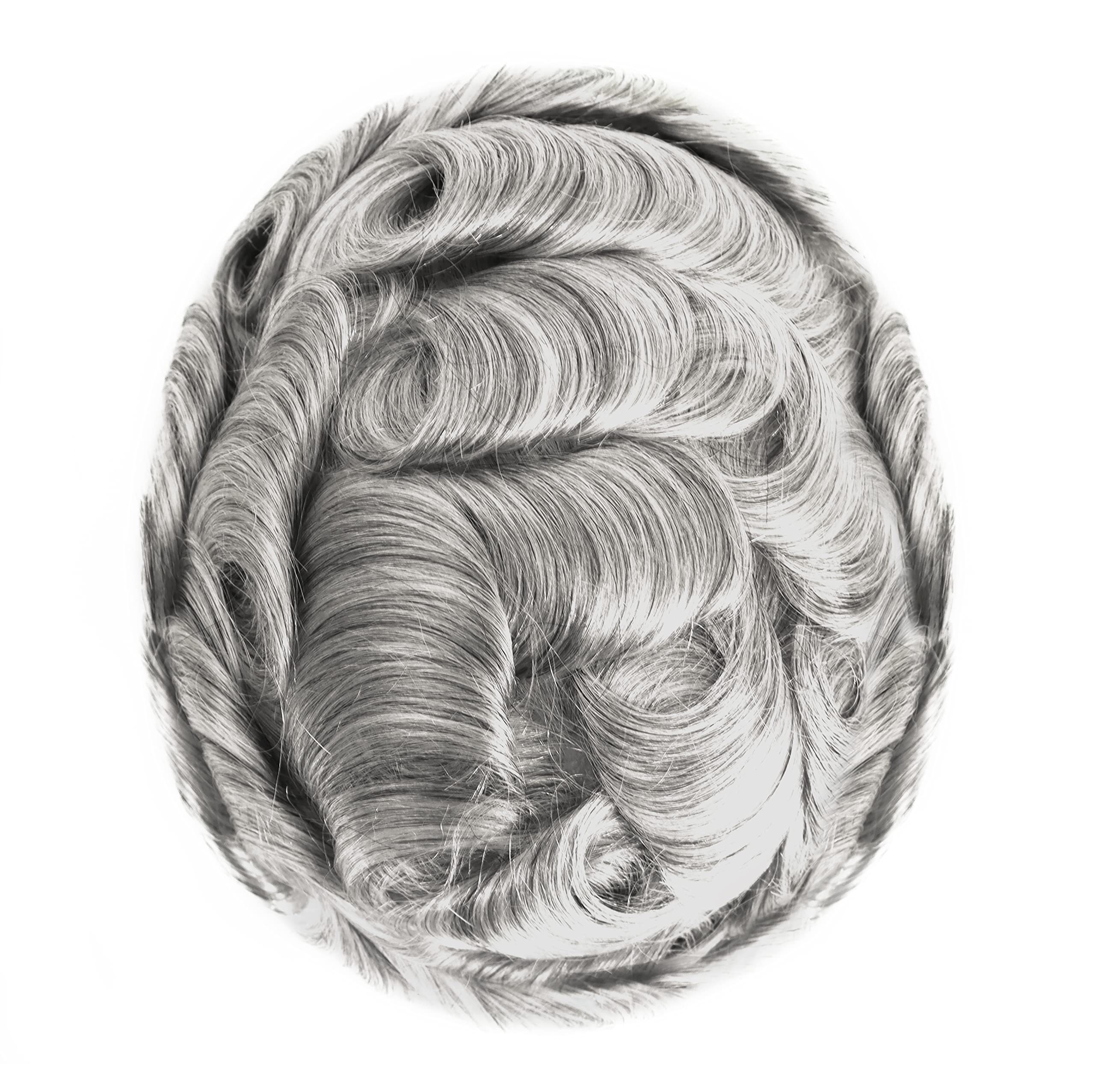 Noblehairmax Toupee for Mens Human Hairpiece, Men Wig Human Hair Replacement System for Men Hair Style, Poly Skin 0.12mm V-looped Grey Hairpieces for Human Hair Natural Hairline 1B80