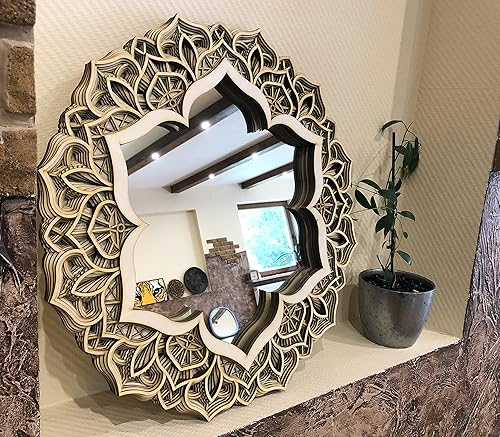 Miniatura 7 de BHDecor Espejo para decoración de pared para el hogar, marco tallado con corte láser, elegante mandala de madera para colgar, paneles de MDF para