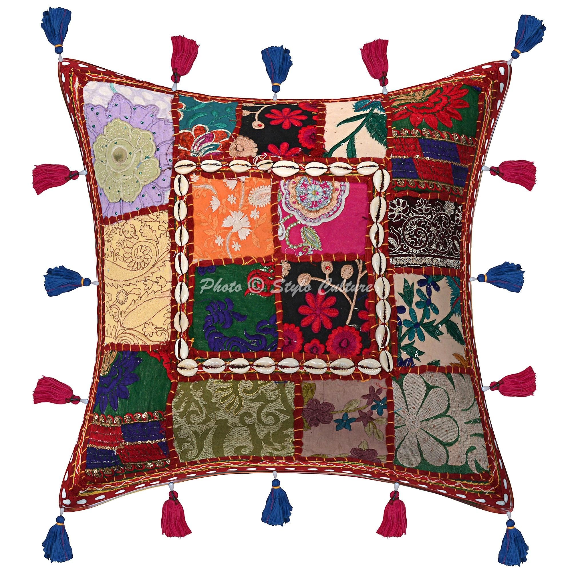 Indische Dekorativ Baumwolle Couch Kissenbezüge 40x40 cm Kastanienbraun Dekokissen Gesticktes Patchwork Schlafzimmer Sofa Kissen Bezüge Blumen Quadrat Kissenhullen - 4 STK.