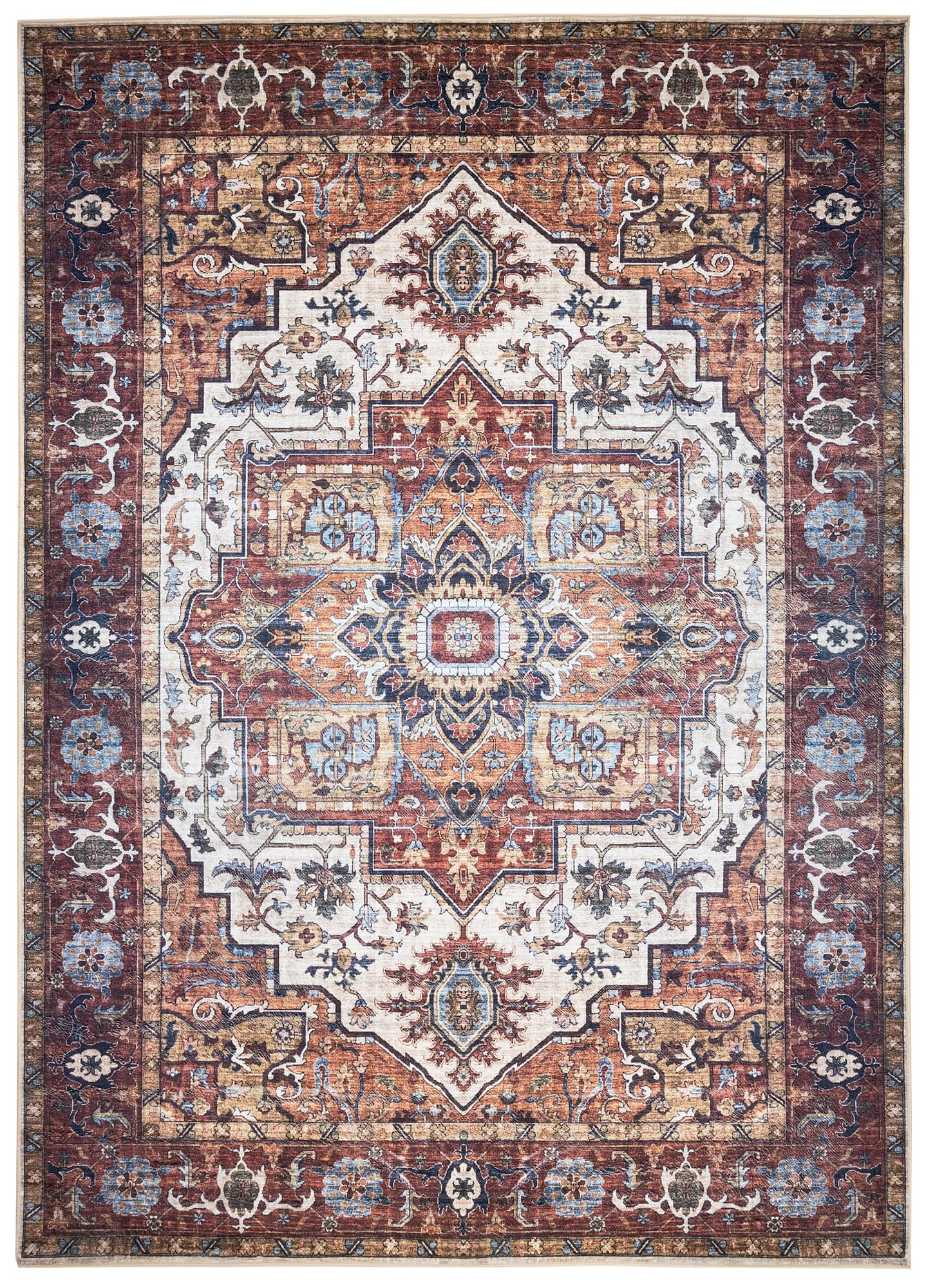TAPISO Flannel Tapis Poils Ras Antidérapant Lavable Classique Marron Bleu Beige Ornamental Rosace Bordure Tapis Salon Chambre Salle à Manger Oeko-TEX Résistant 140 x 200 cm