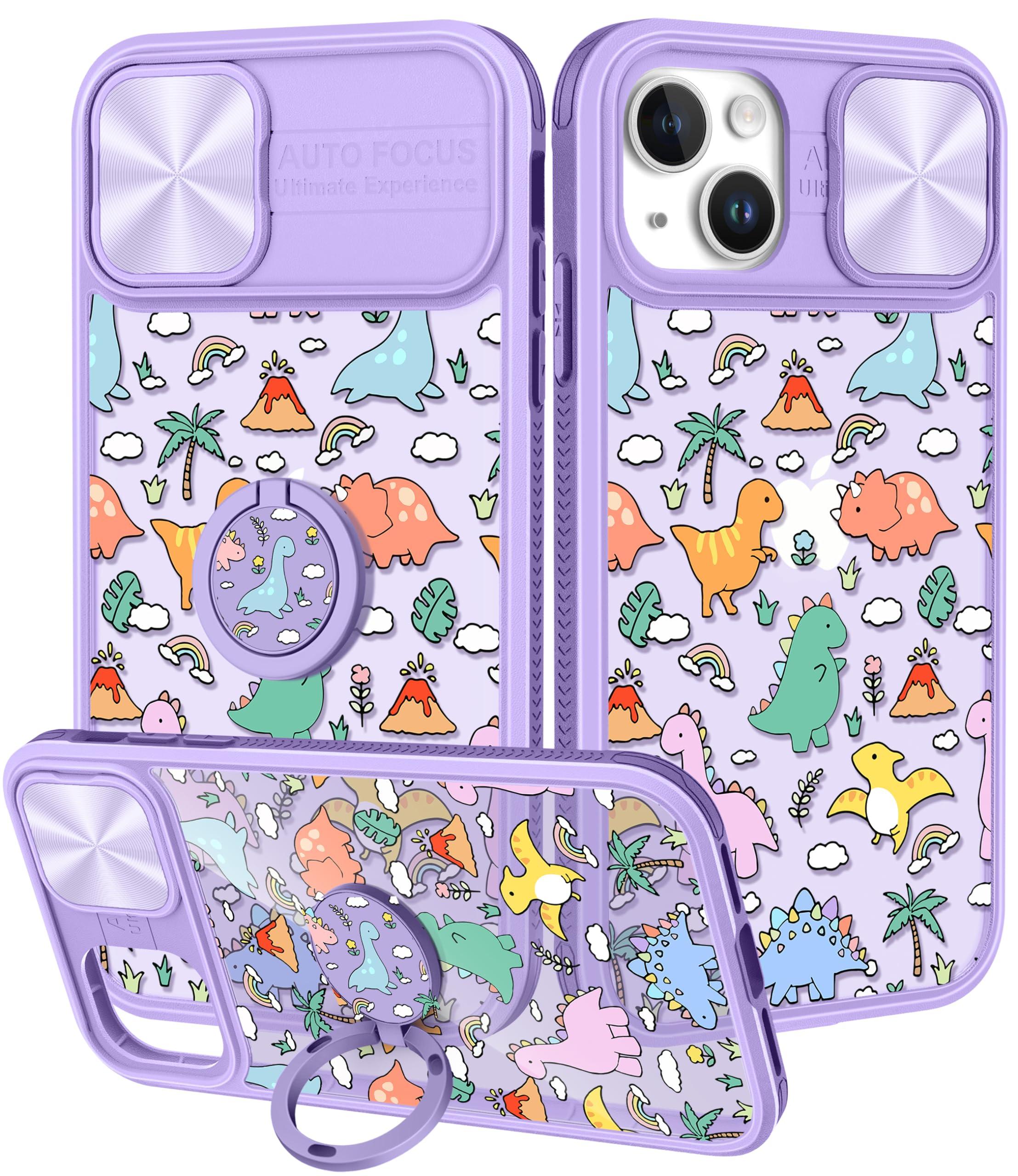Kokaadefor iPhone 13/14 Case with Slide Camera Cover, Cute Cartoon Cases with Ring Holder for Girls Women Boys, Dinosaurs Stylish Aesthetic Designer Slim Protective Cover for 14/13