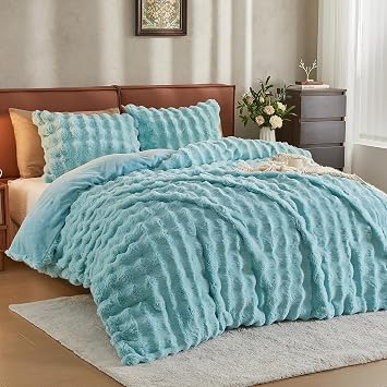 JELLYMONI Faux Fur Duvet Cover Queen, Fluffy Shaggy 3-Piece Bedding Set