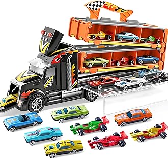 JOYIN Transport Truck Toys Car for 2 3 4 5 Year Old Boys, Foldable Toy Car Track Set, 12 Die-Cast Metal Race Cars with 2 Launchers, with Lights & Sounds, Carrier Truck Gift for Girls Boys Age 3 4 5 6+