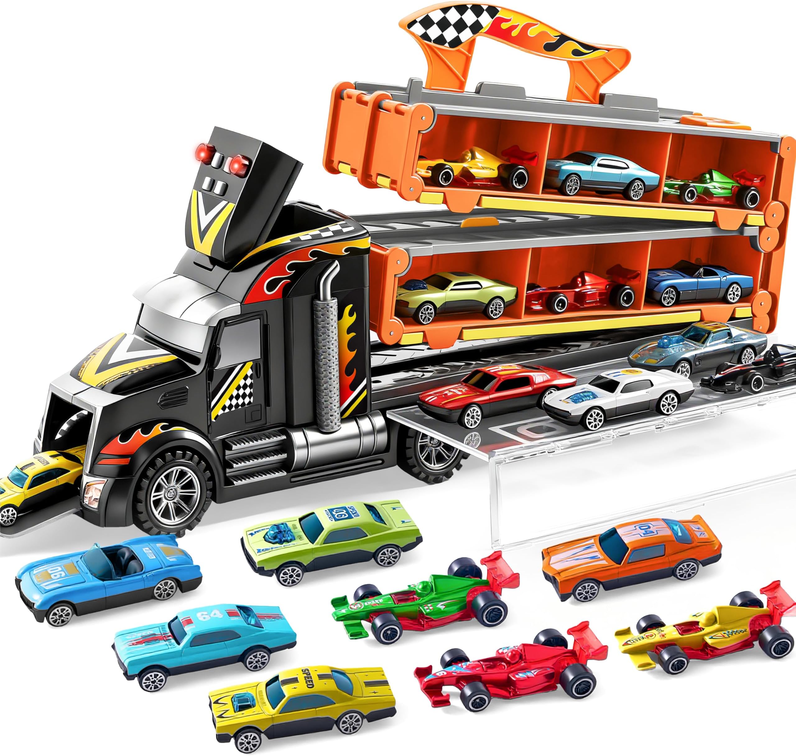 JOYIN 3 Layer Foldable Track Carrier Truck Set, 12 Die-Cast Toy Racing Cars with Storage & 2 Launchers, Fun & Realistic Car Toys with Lights & Sounds for Boys Ages 3+