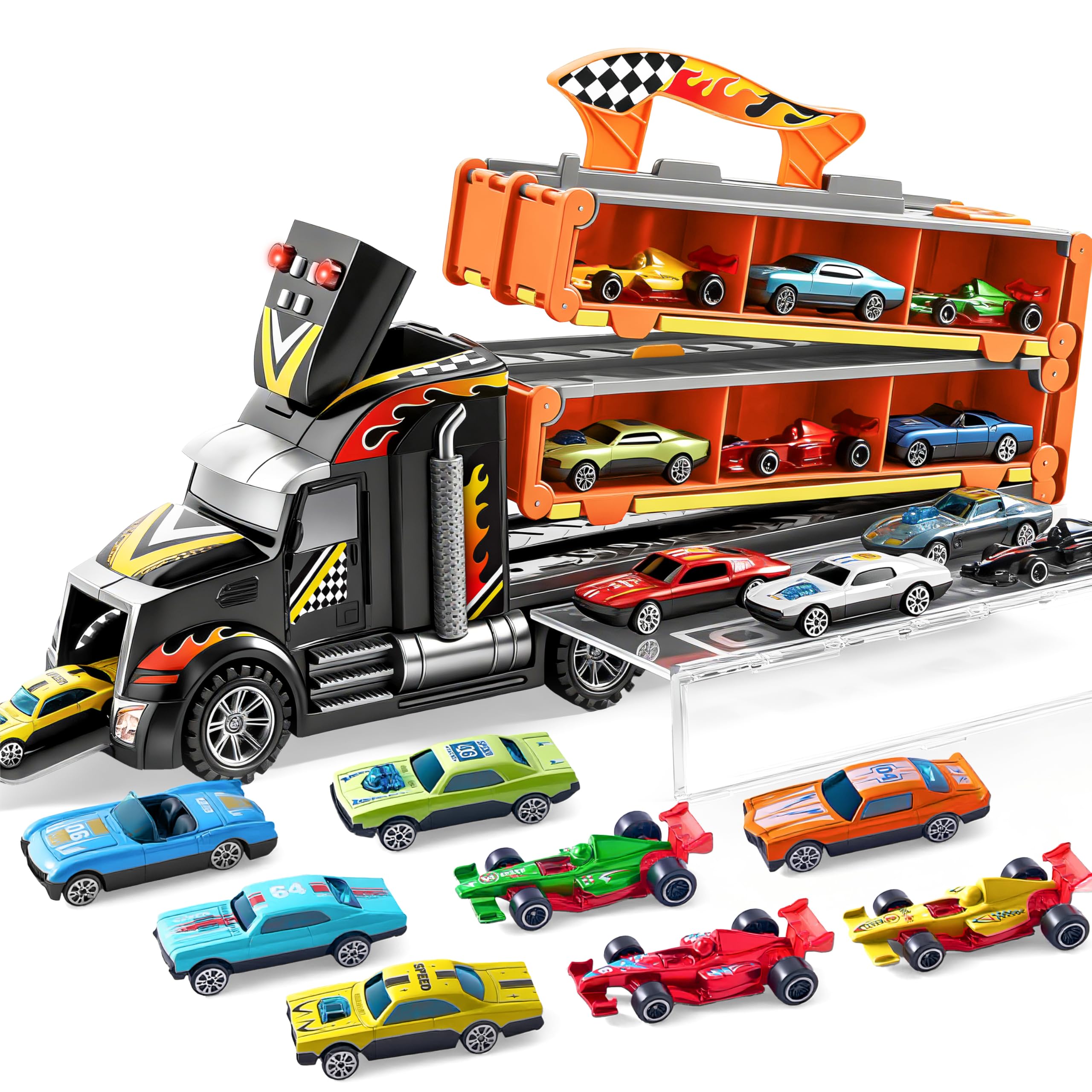 Sponsored Ad – JOYIN 3 Layer Foldable Track Carrier Truck Set, 12 Die-Cast Toy Racing Cars with Storage & 2 Launchers, Fun & Realistic Car Toys with Lights & Sounds for Boys Ages 3+