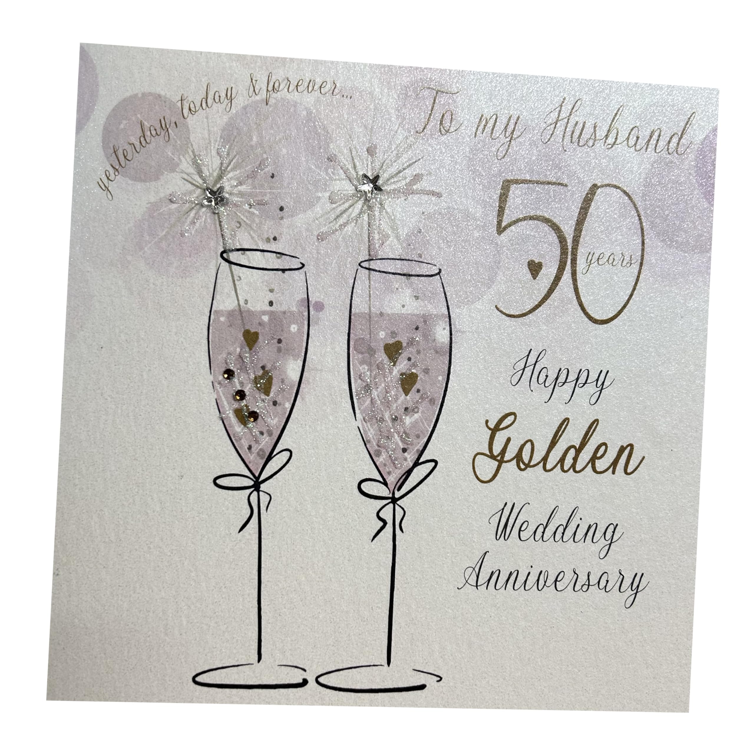 WHITE COTTON CARDS To My Husband On Our Golden, Handmade 50th Anniversary Card (Champagne Flutes, Code P50H),16cm x 16cm