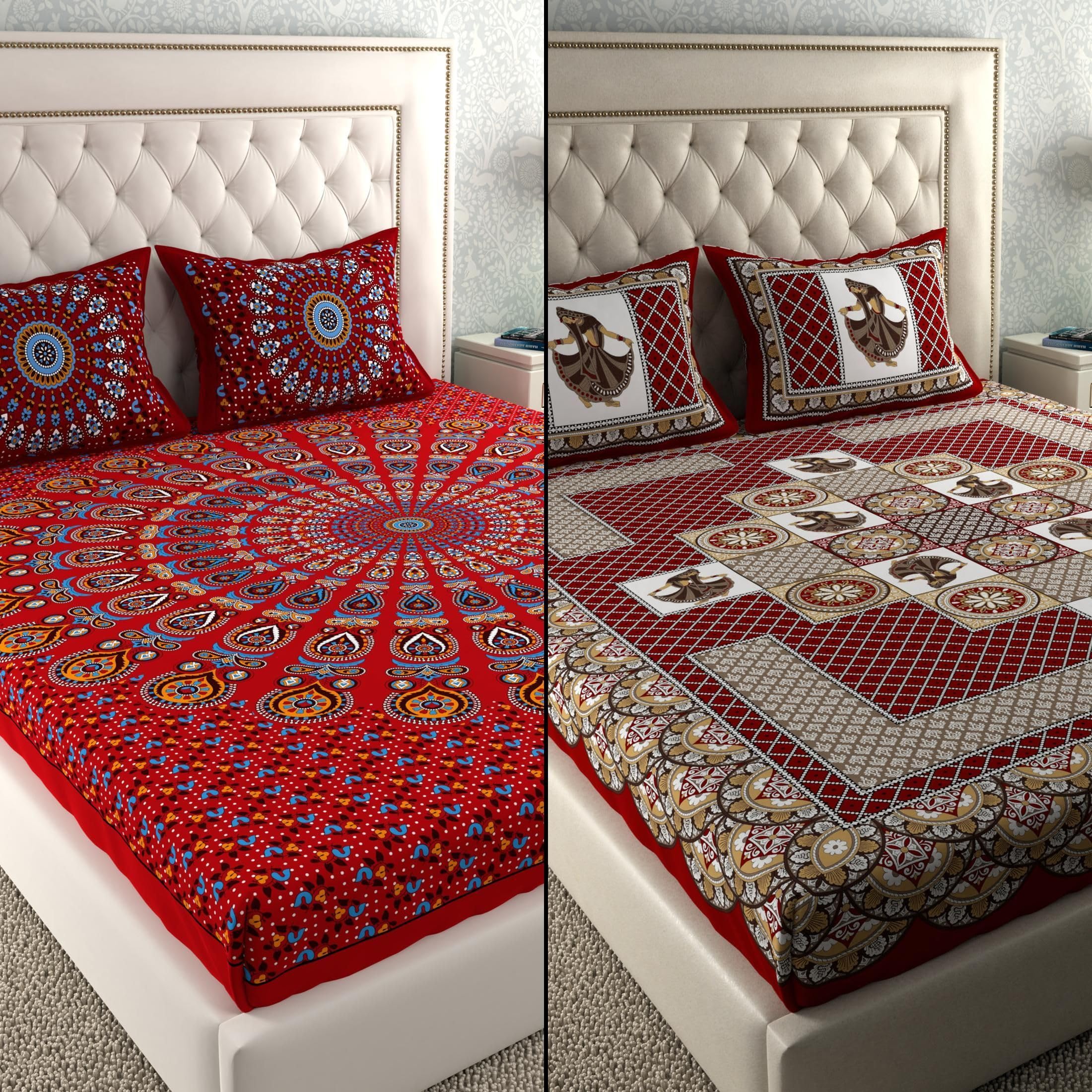 Jaipuri Cotton Bedsheets - 2 Double Sets with Pillow Covers -26