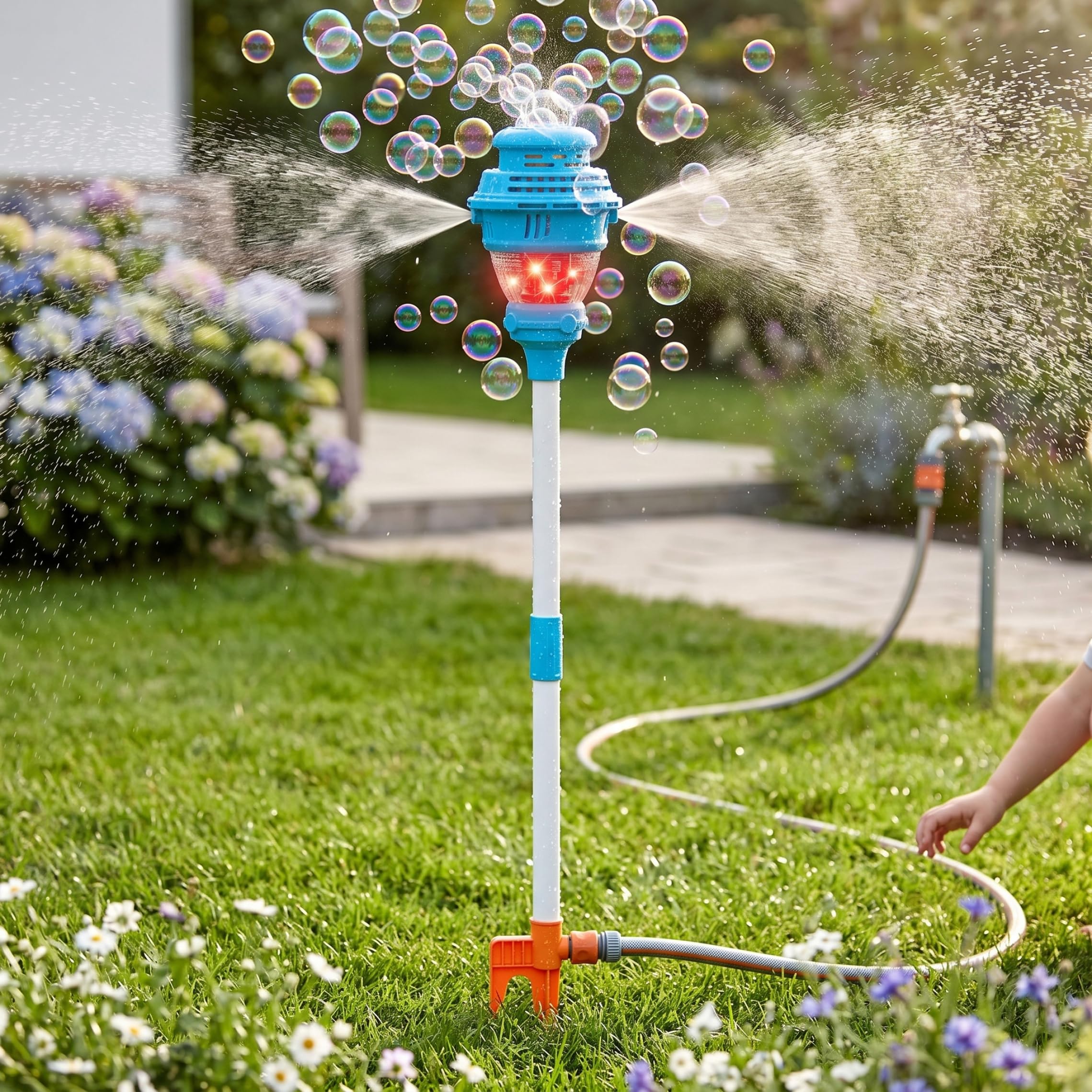 Torre de Burbujas, máquina de Burbujas 2 en 1 y Juguete pulverizador, Soporte para farola con Luces y Sonidos Suaves, Altura Ajustable para niños, Azul, 36, 22-40, 94 Pulgadas