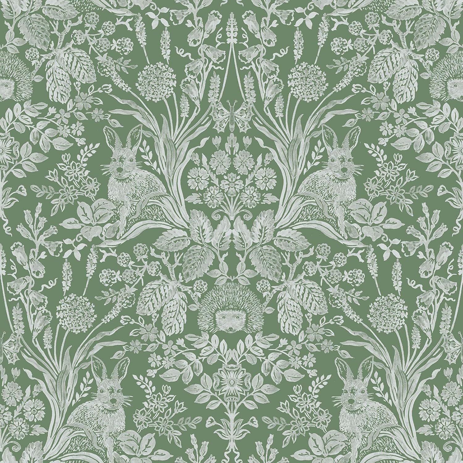 Harlen Woodland Animals Hedgehog Rabbit Damask Wallpaper Feature Wall Lounge Green World of Wallpaper 50342