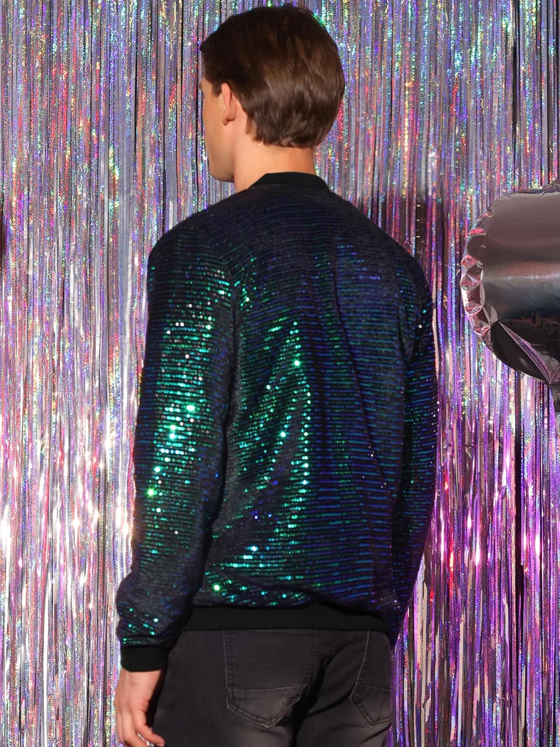 Lars Amadeus Sequin Jacket for Men's Zipper Long Sleeves Party Disco Shiny Bomber Jacket