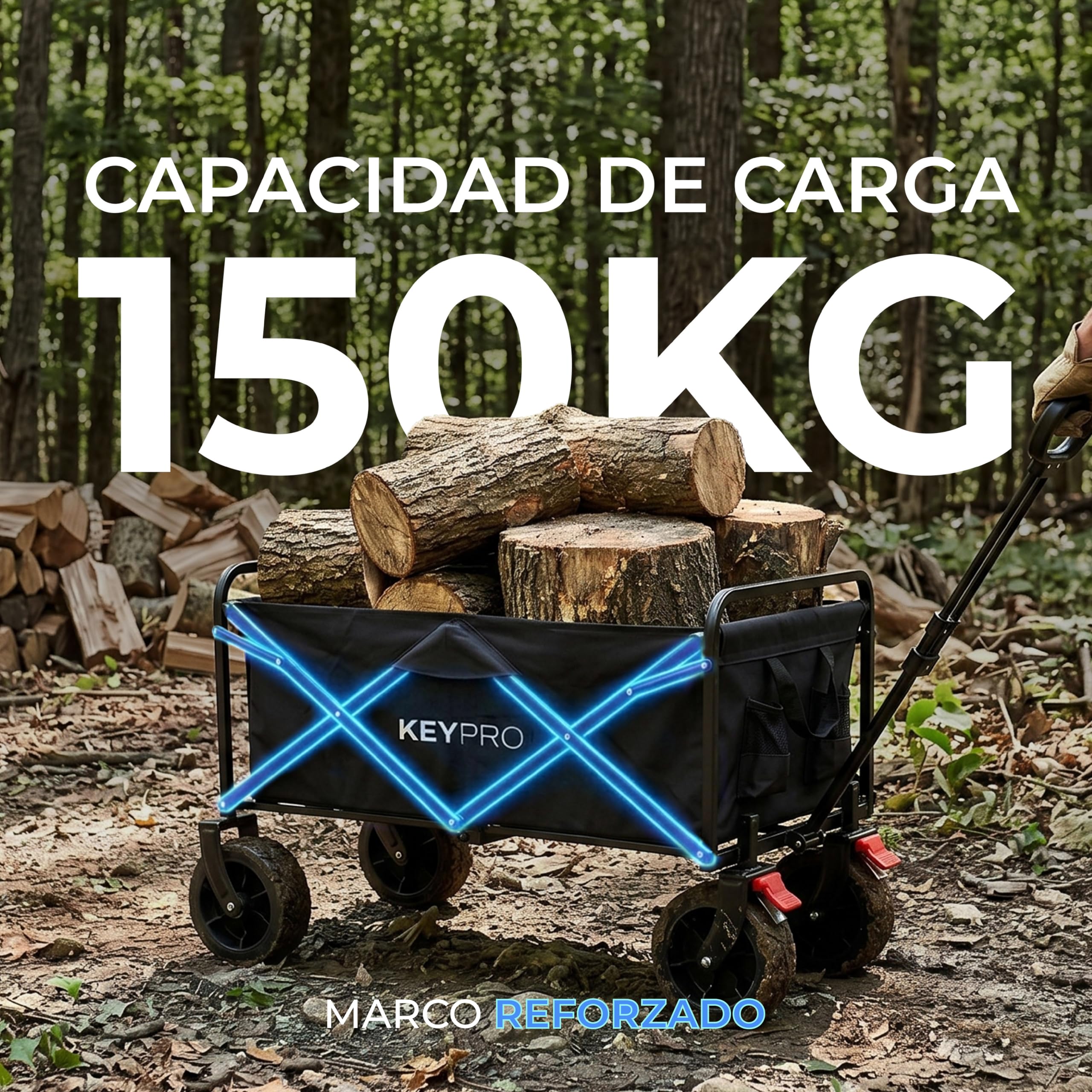 KEYPRO - Carro Plegable de Playa y Camping | Capacidad 150kg - 100 L | Ruedas Todoterreno | Frenos | Estructura Robusta | Carro Grande Multiusos | Carrito Plegable