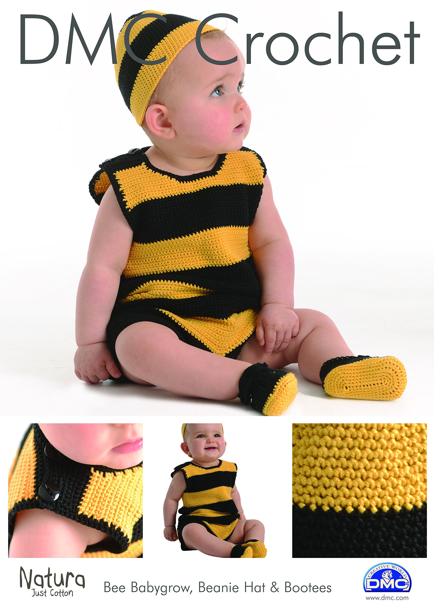 DMC Bee babygrow, beanie hat & bootees crochet pattern