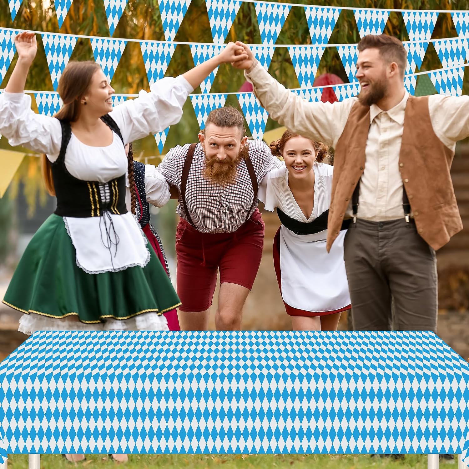 Oktoberfest Decorations, Octoberfest 65.6 FT Hanging Flags Tablecloths and Sign Banner, Oktoberfest Bavarian Pennant Flags Tablecloths Porch Banner, Blue White Yard German Themed Beer Festival Decor