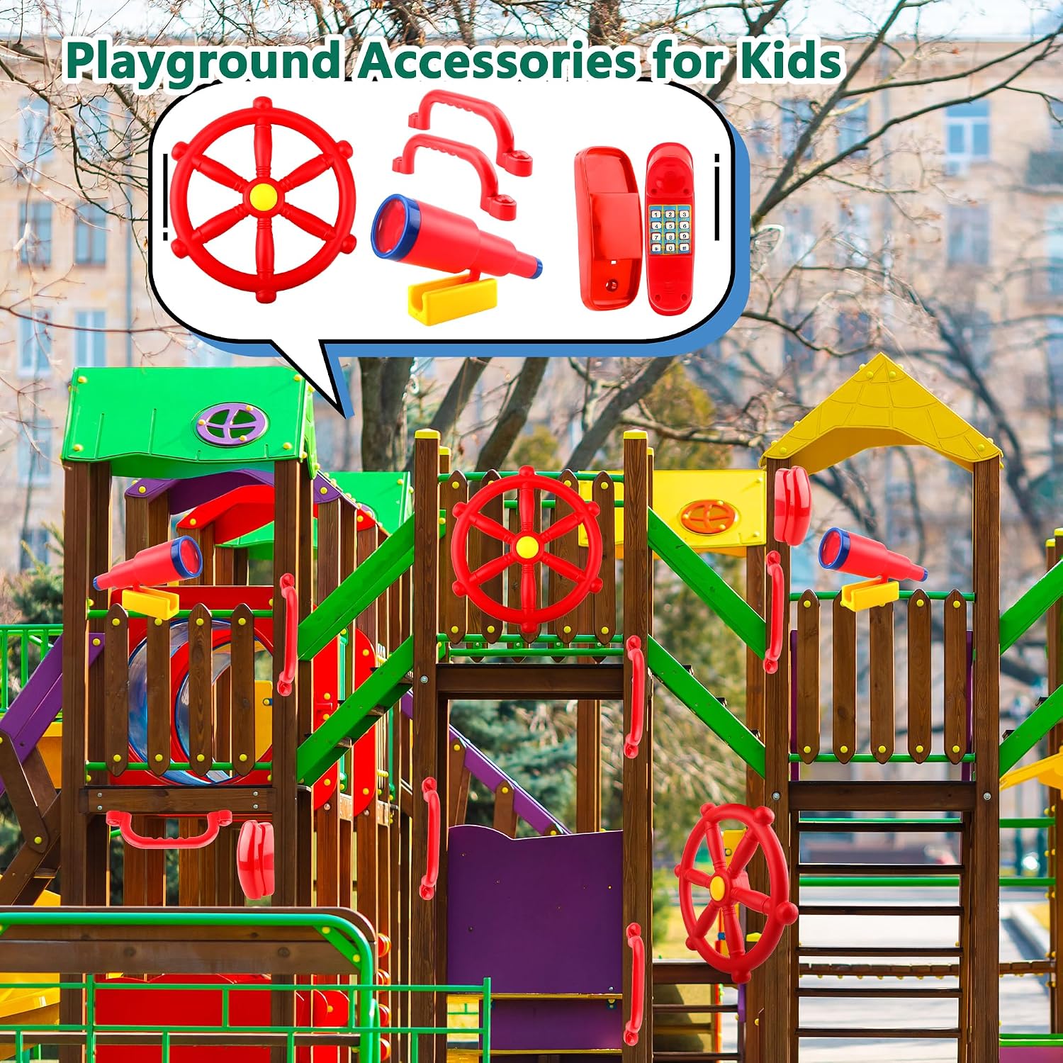 5 Pcs Kids Playground Accessories for Kids Outdoor Plastic Steering Wheel Swingset Phone Pirate Telescope Telephone Safety Handle for Child Backyard Tree House Playhouse Jungle Gym (Red Set 1)