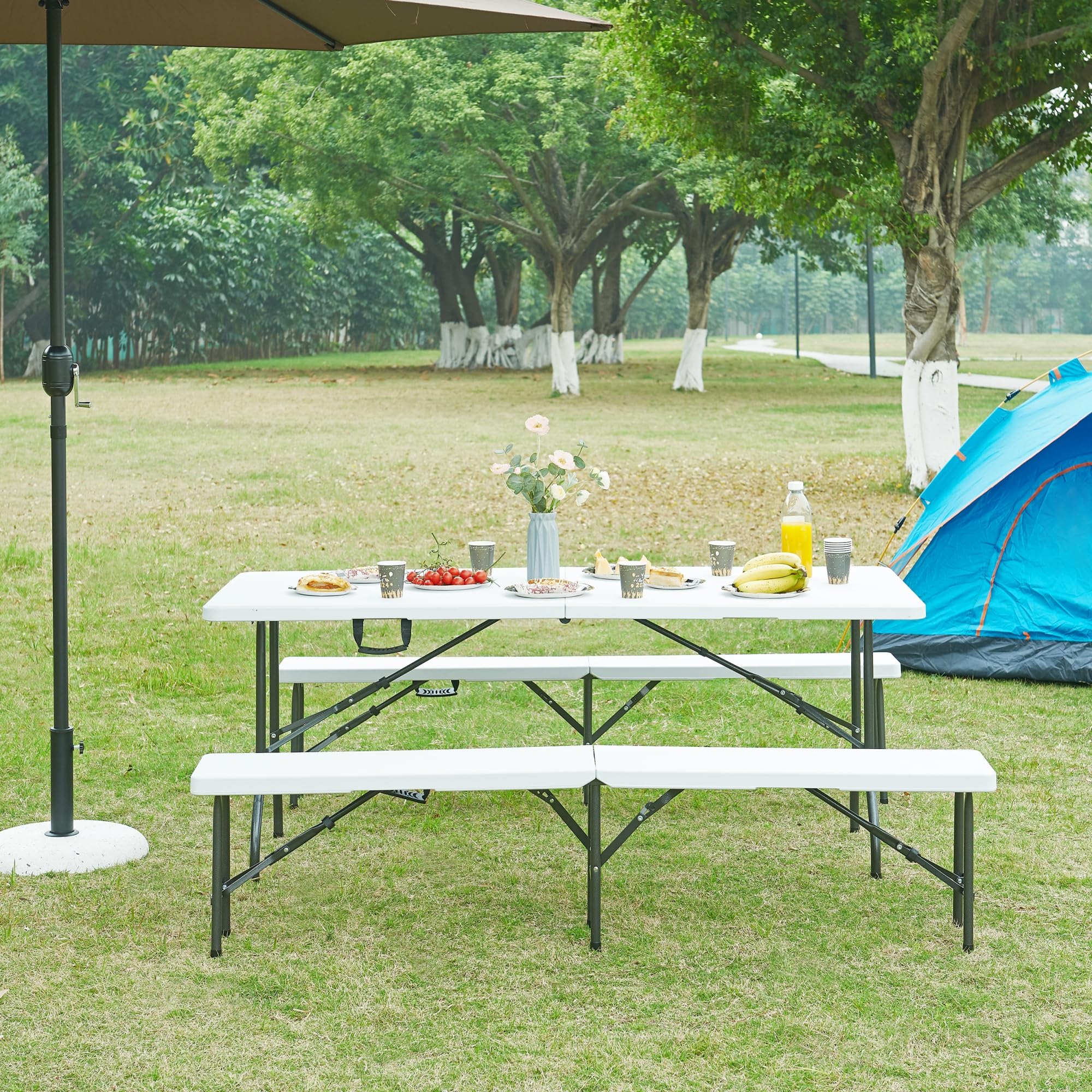 [en.casa] Lot de 2 Bancs de Camping Pliables pour Extérieur Festivals Pique-Nique Banc Pliant pour 4 Personnes avec Poignée de Transport Métal HDPE 180 x 25 x 43 cm Blanc