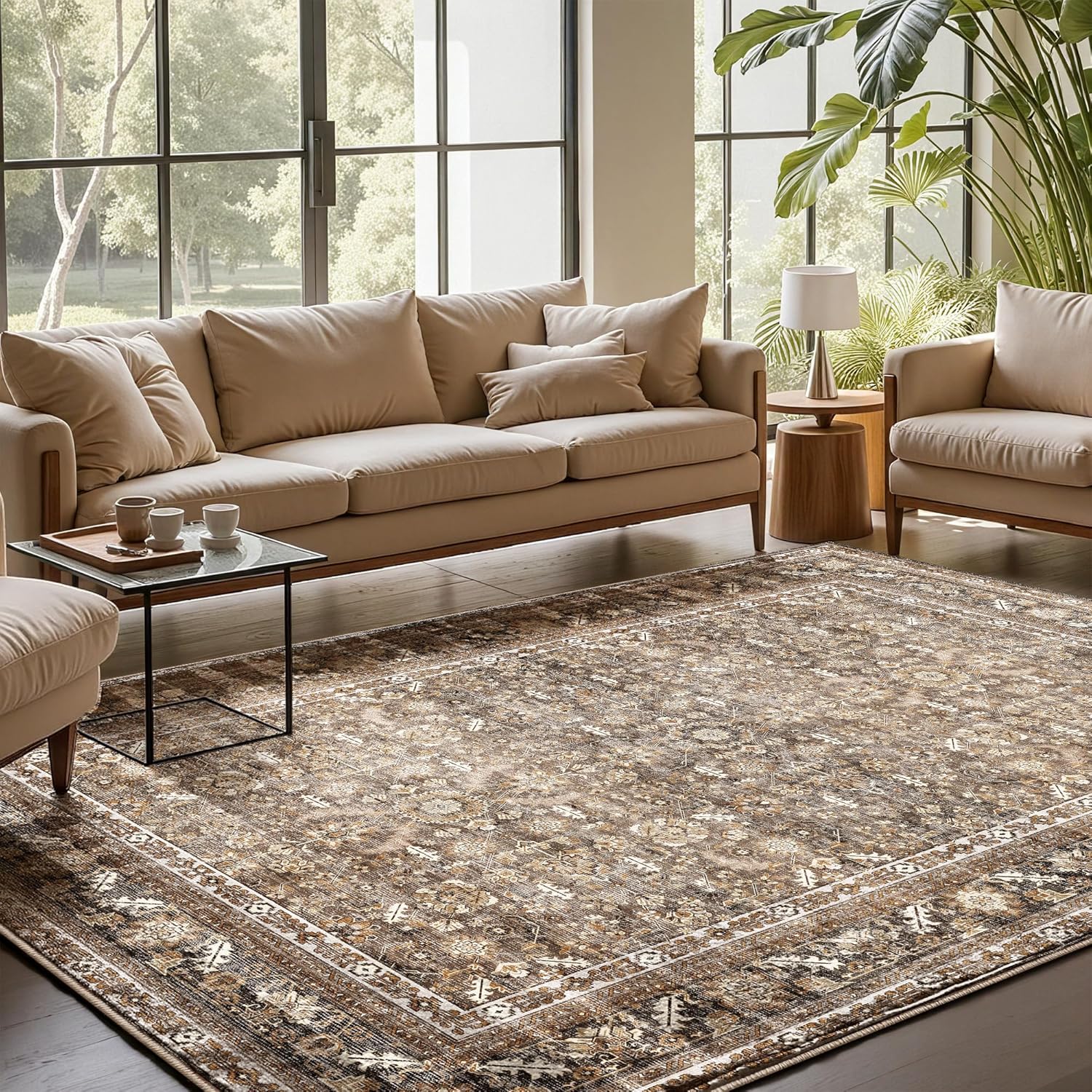 OPPODREAM Vintage Brown Area Rugs 9x12, 9 x 12 Retro Washable Rug Non Slip, Low-Pile Faux Wool Carpet, Soft Distressed Floor Mat for Living Room, Bedroom, Office, Dorm, Dinning Room, Big & Large