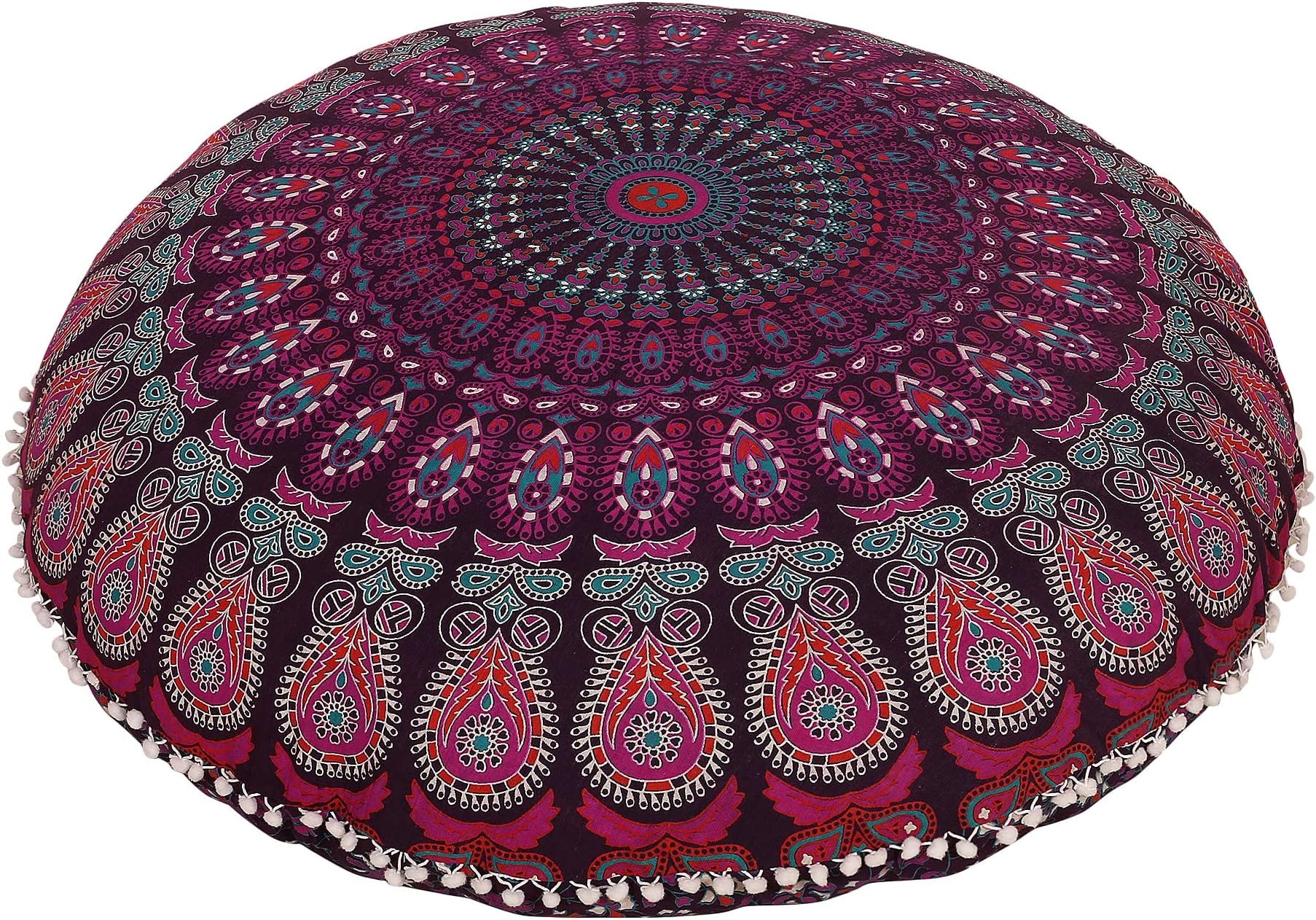 Anokhiart Lavender Purple Large 32" Round Pillow Cover Decorative Mandala Pillow Sham Indian Bohemian Poufs Cover Pom Pom Pillow Cases