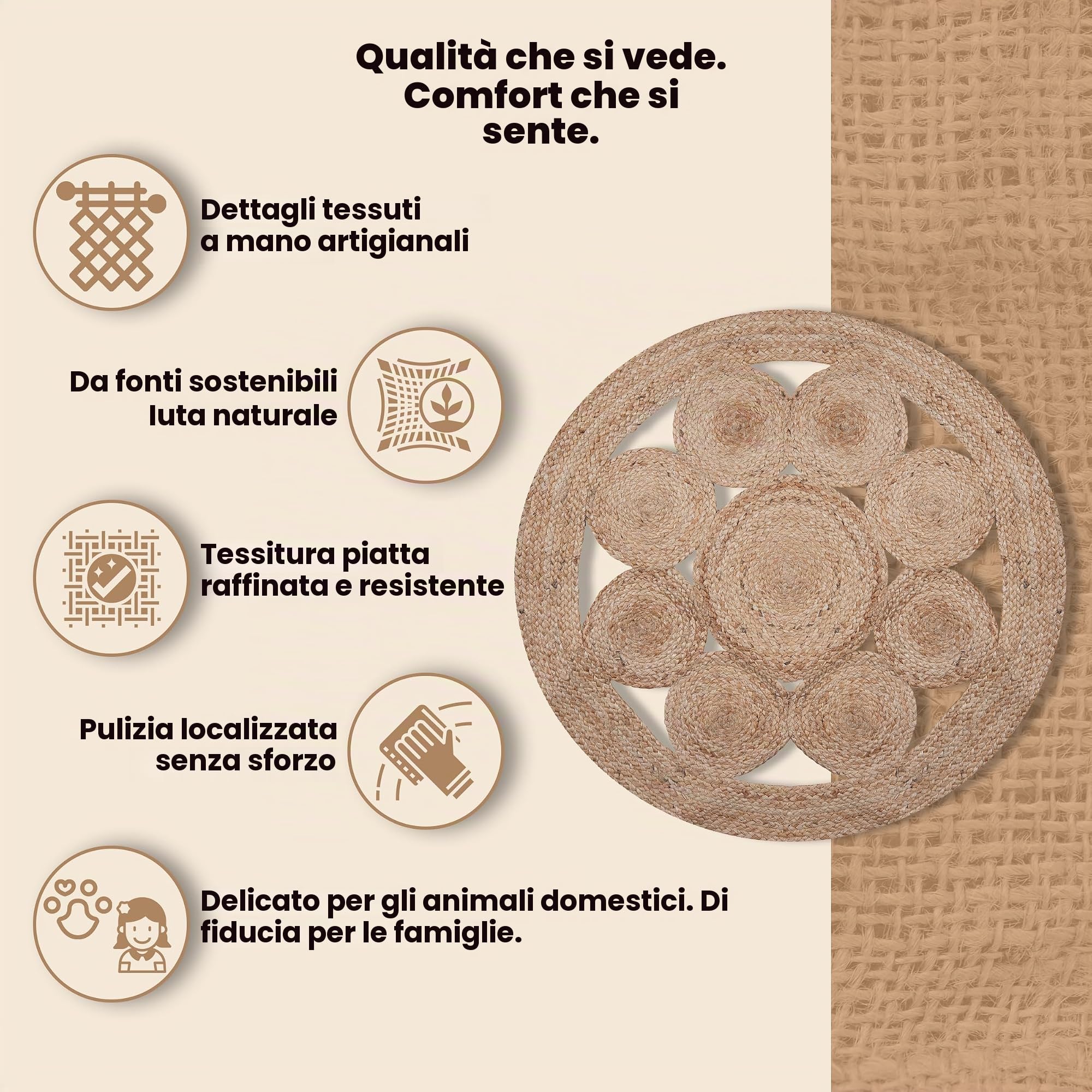 Craft Trade Naturale Lavabile Boho Fiore Tappeto in Iuta Intrecciato a Mano Reversibile Rotondo Tappeto di Juta per Cucina Soggiorno e camera da Letto- 120 cm