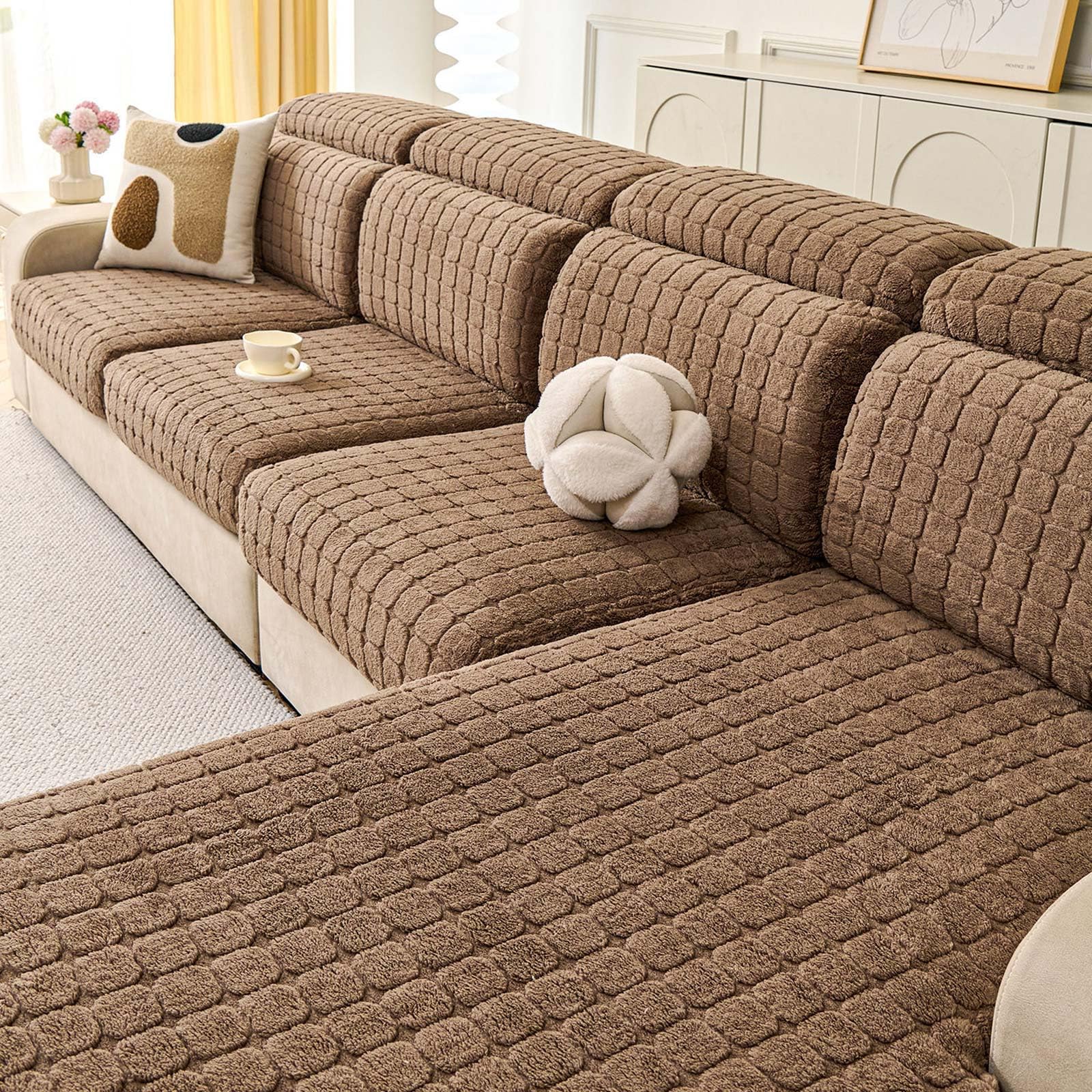 Funda Sofa Chaise Longue 1 2 3 4 Plazas Protector Cubre Sofa,Elástica Jacquard Fundas de Sofá Cheslong Brazo Largo Derecho Izquierda Funda Sofá de Forma L,Brown1,Extra Large L