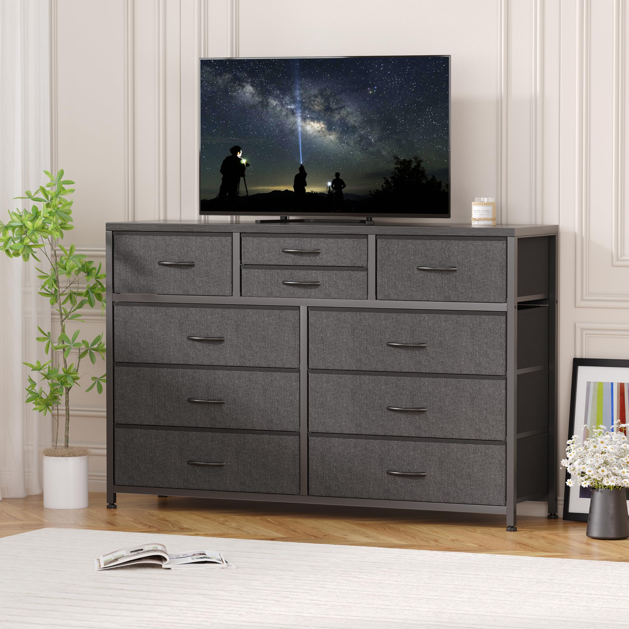 Wide 10 Drawer Dresser,TV Stand Entertainment Center Fabric Storage Dressers Drawers for Bedroom, Hallway, Nursery, Closets, Steel Frame, Wood Top (Black)