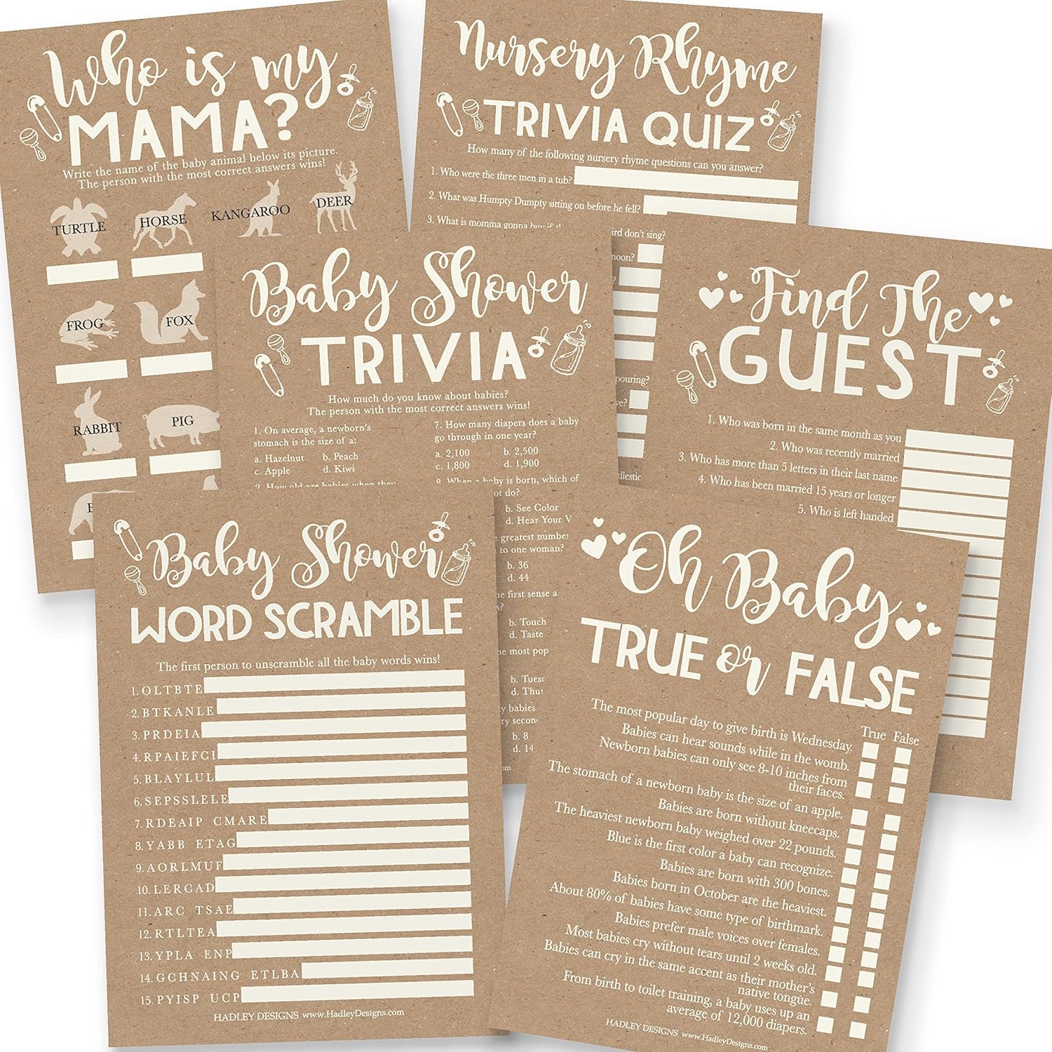 25 Rustic Word Scramble For Baby Shower, 25 True Or False Game, 25 Trivia Game, 25 Find The Guest, 25 Baby Animal Matching, 25 Nursery Rhyme Game - 6 Double Sided Cards Baby Shower Ideas