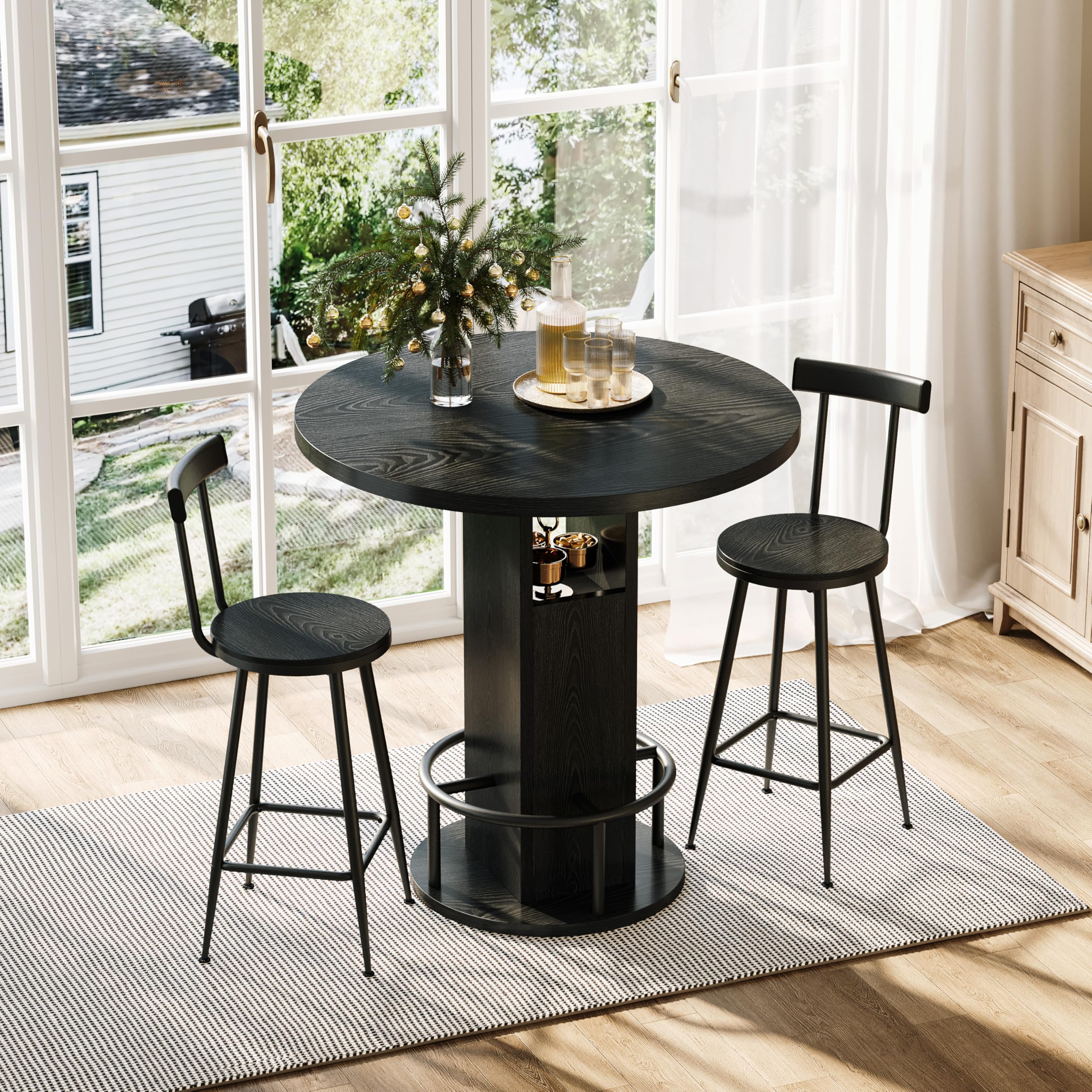 Set Tavolo da Bar con 2 Sgabelli in Legno e Metallo, Cucina e Bar, Nero, 3 Pezzi