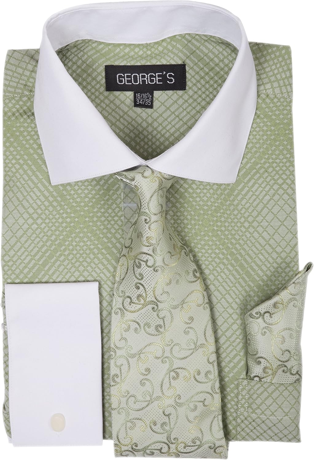 Fortino Landi Small Check Pattern Dress Shirt w/Tie Set & French Cuff AH6244