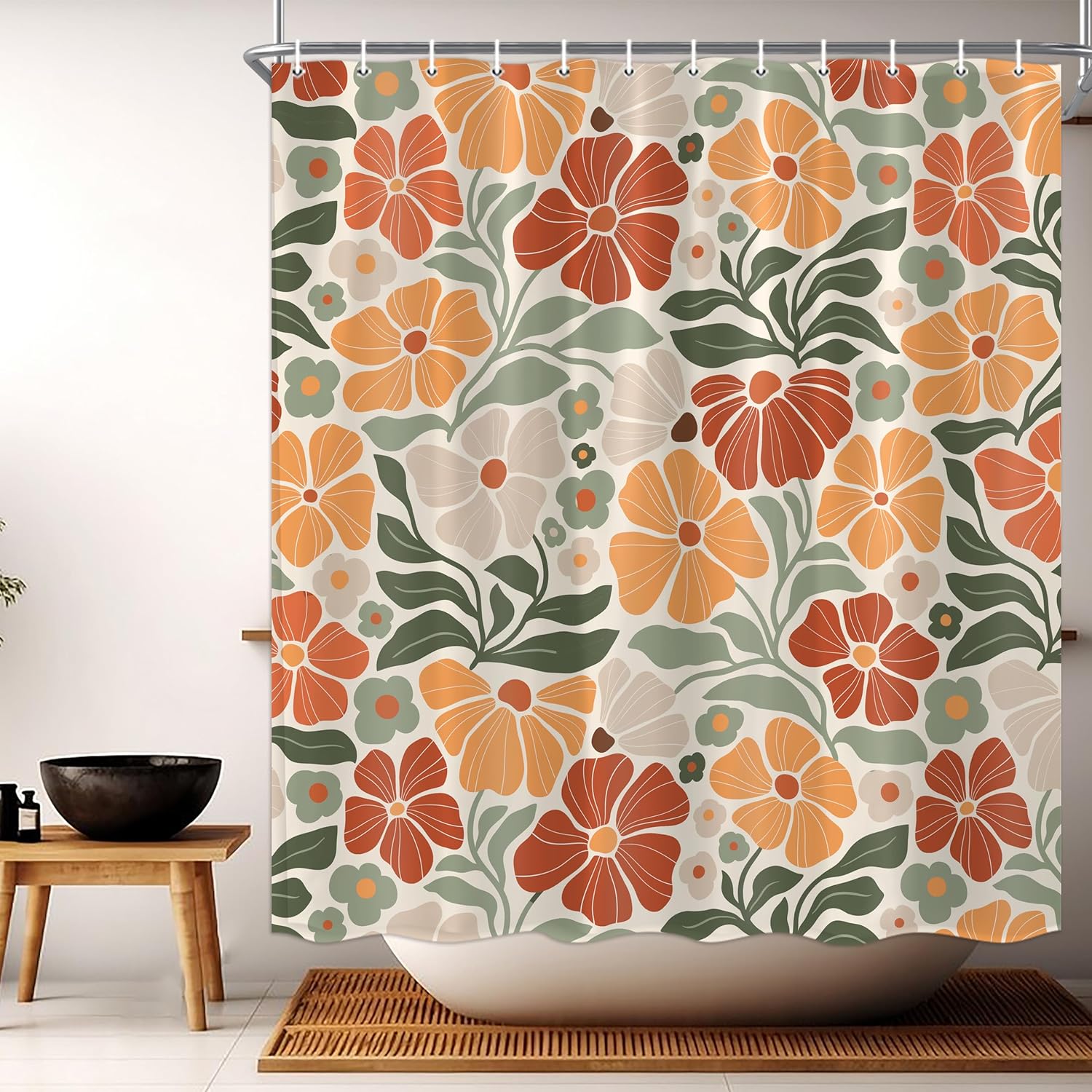 Boho Flower Floral Shower Curtain Cute Colorful Linen Abstract Shower Curtain Retro Flowers Plants Botanical Boho Shower Curtains for Bathroom with 12 Hooks 71X84 inch